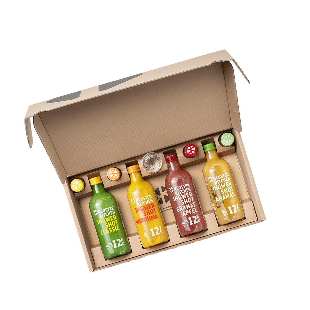 Kloster Kitchen Bio Ingwer Shot Probierset M I 4 Sorten 4x 360 ml + 4x 30 ml mit echten Ingwerstückchen I Geschenkset Ingwershot vegan I süß-scharf & mit natürlicher Süße (inkl. 1,00€ EINWEG Pfand)
