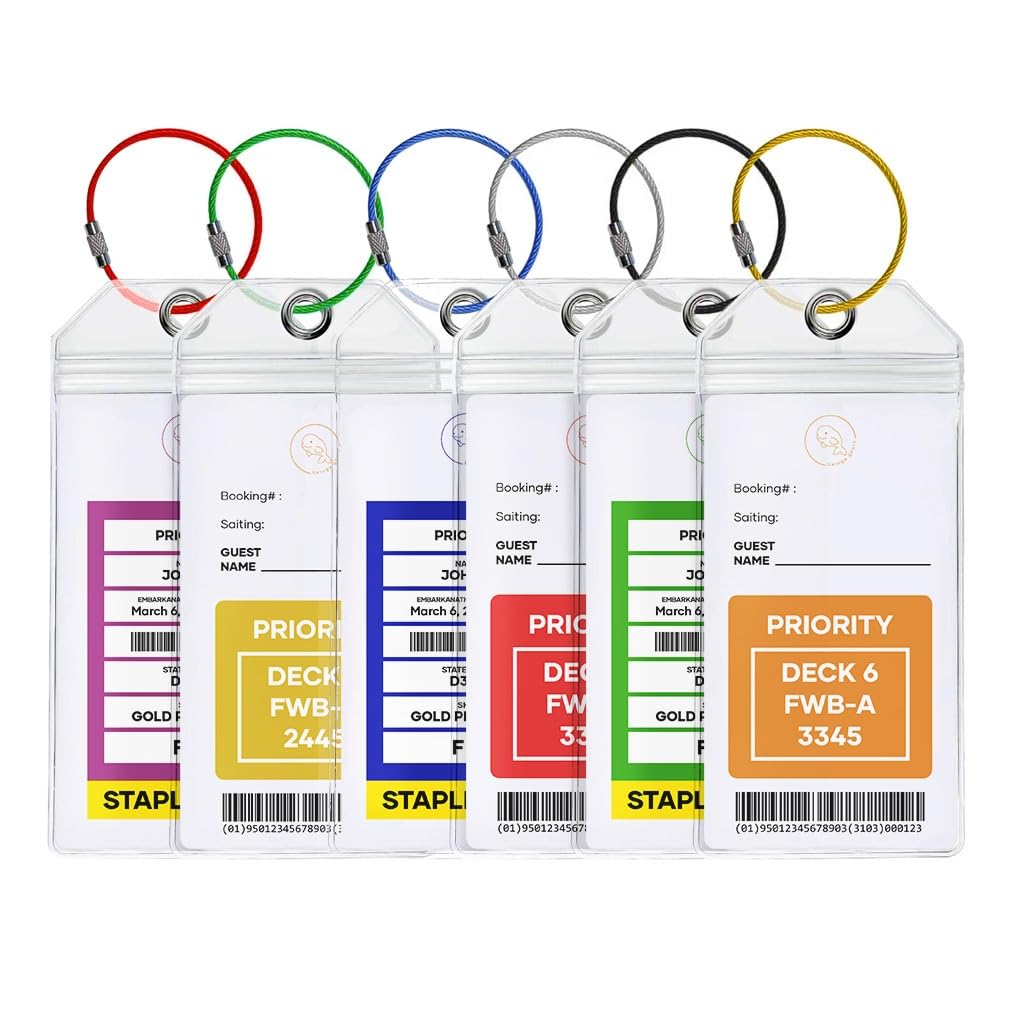 Cruise Luggage Tag Holders fit for All Printed Cruise Luggage Tags (Set of 6 ea with Colored Wire Loops) by Beluga Gears
