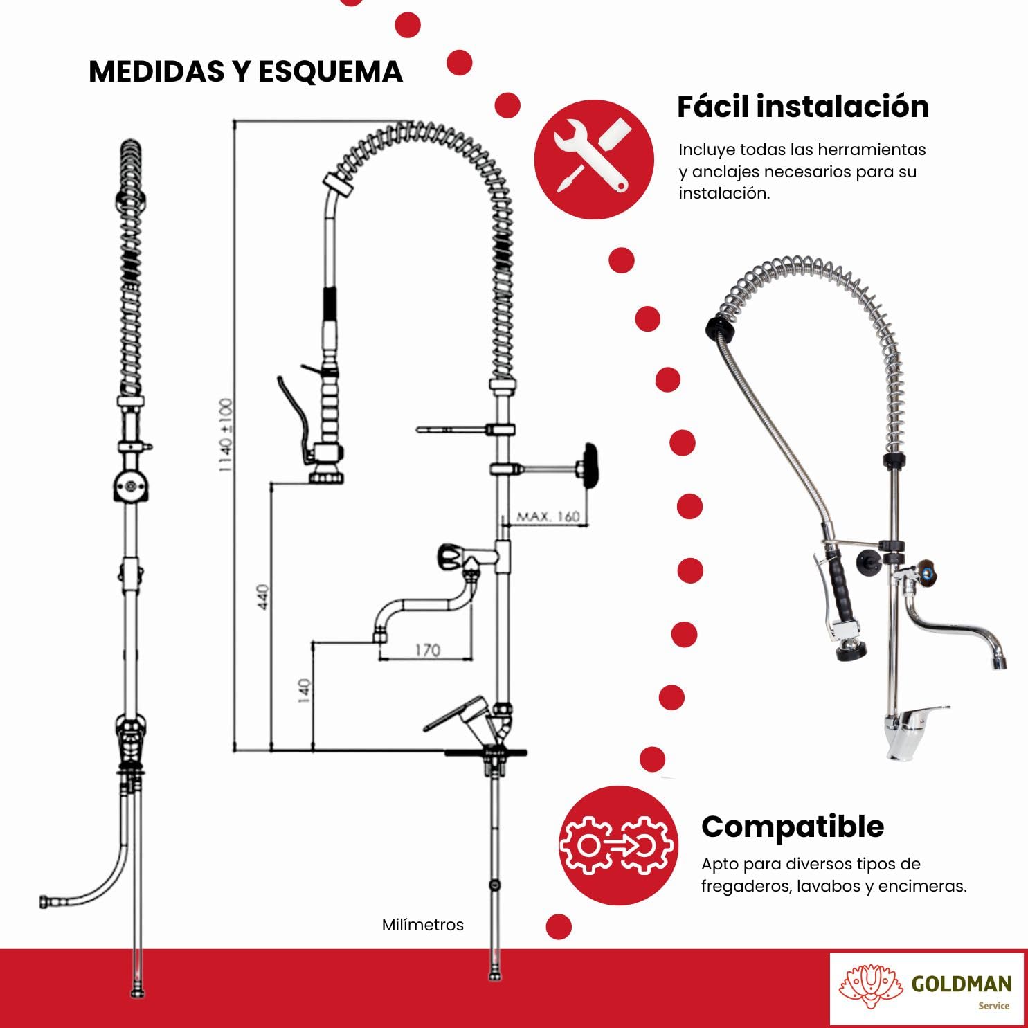 GOLDMAN SERVICE Grifo Industrial Extensible Rociador Ducha de Fregadero de Cocina Hostelería Negra