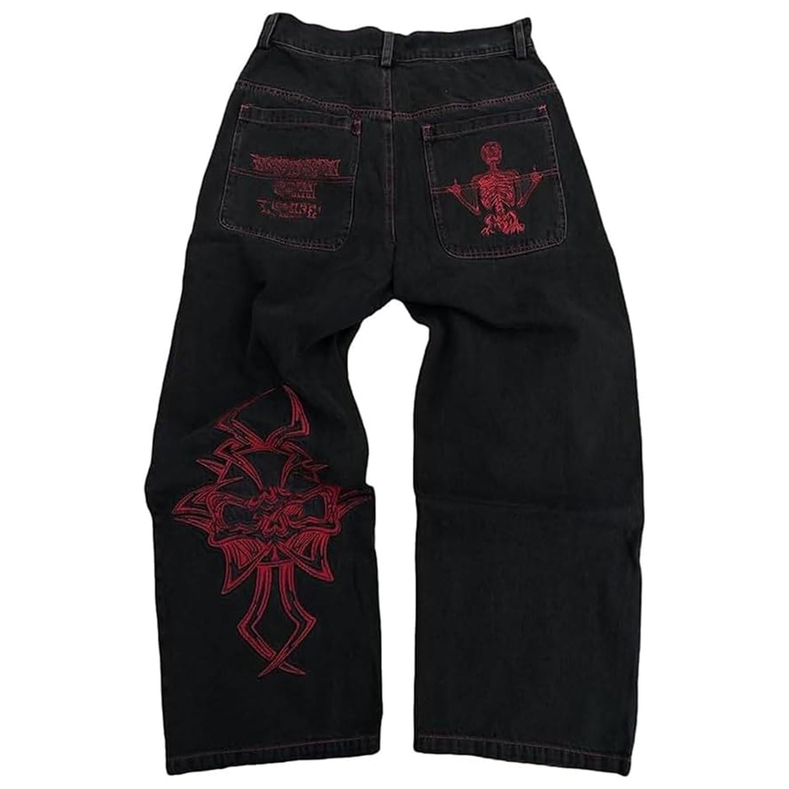 Men's Hip-Hop Black Denim Jeans – Skull Skeleton Embroidery, Relaxed Fit, Sizes W30-W46
