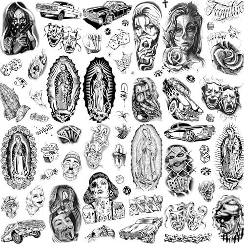 TASROI 6 Sheets Large Chicano Temporary Tattoos For Men Women Adult, Chicana Guadalupe Gangster Fake Tattoos Prisoner Day of the Dead, Halloween Mexico Tattoo Stickers, Tatuajes Temporales Autocolante