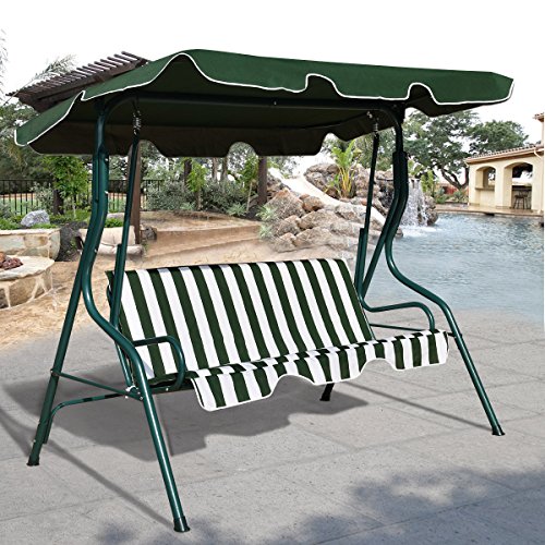 COSTWAY Garden Patio Metal Swing Chair Set 3 Seater Hammock Bench Swinging Cushioned Green & Black (Green)