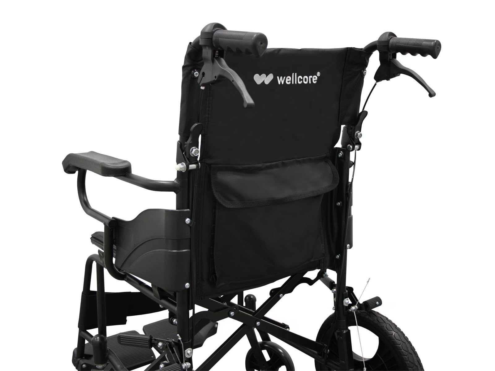 WELLCORE Fauteuil roulant de transfert pliant, châssis en acier, léger et compact, roues solides, freins à poignée, dossier pliable, largeur d'assise 46 cm, jusqu'à 100 kg.