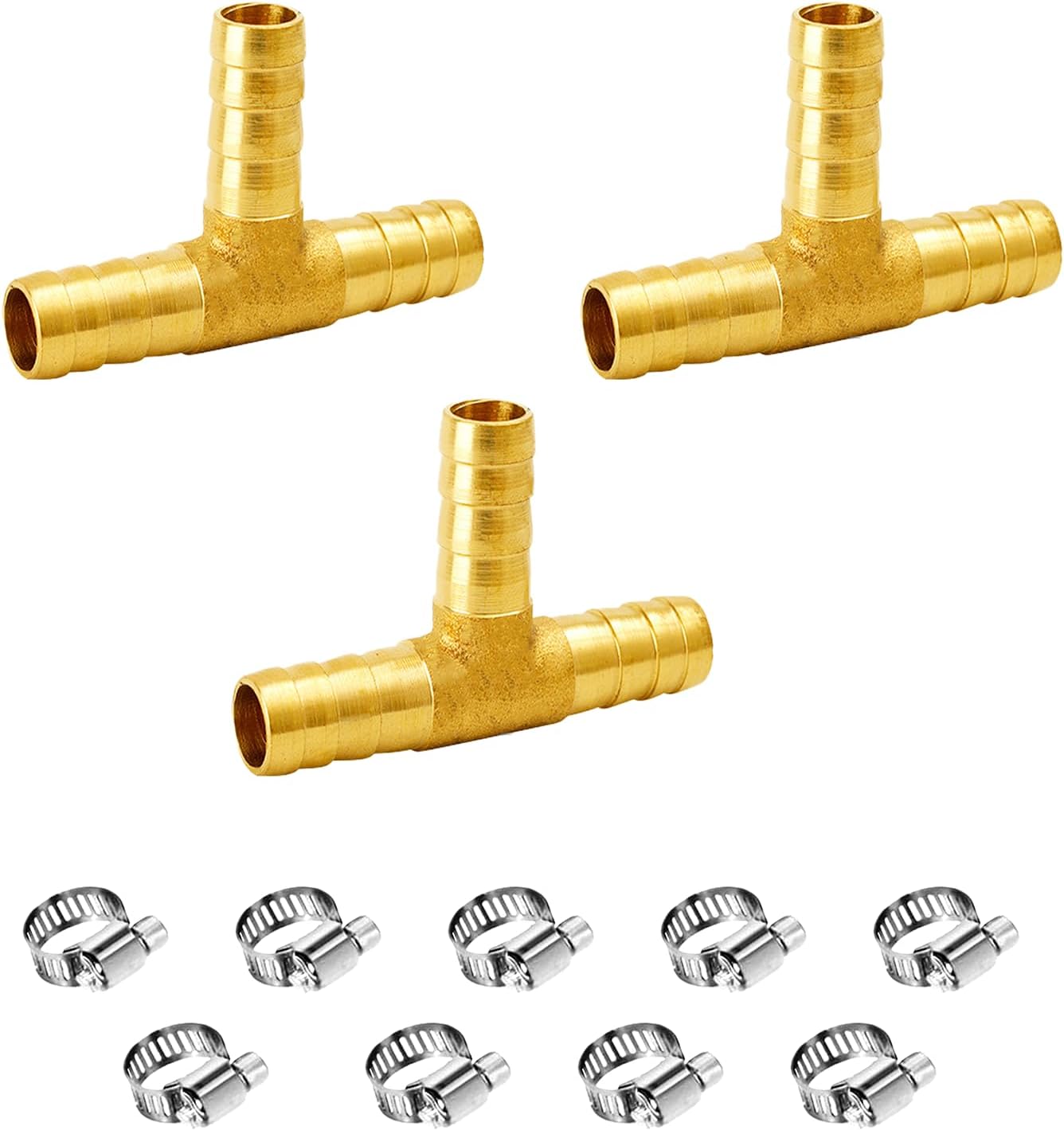 1" Brass Barb Tee Fittings T-Shaped 3 Ways Union Hose Barb Pipe Fitting with 9pcs Stainless Steel Pipe Clamp for Water/Fuel/Air (Pack of 3)