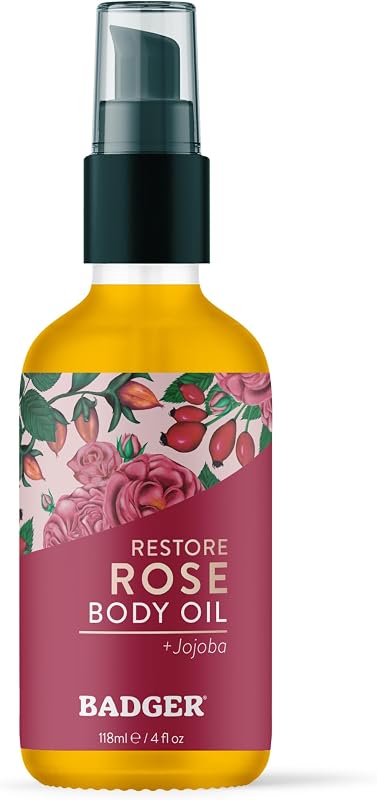 Badger Óleo Corporal Orgânico de Rosa com Jojoba e Romã, Frasco de Vidro com 120 mL