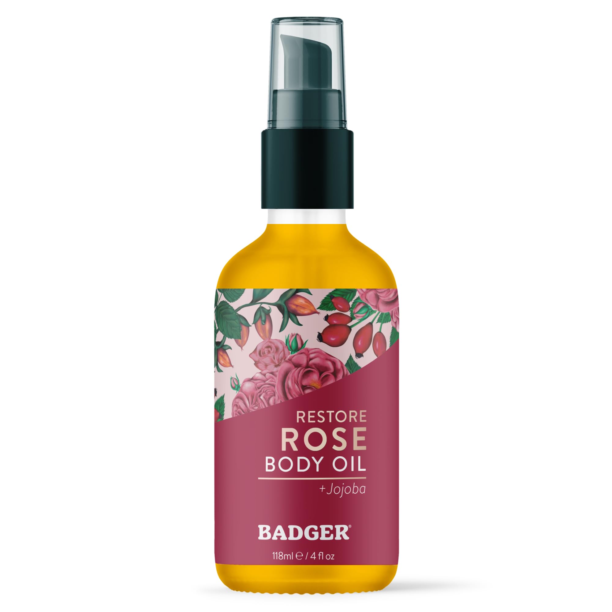 Badger Rose Body Oil, 100% Organic Rose Scented Body Oil, All Natural Body Moisturizer, Organic Jojoba & Rose Oils Soothe Dry Skin, 4 fl oz Glass