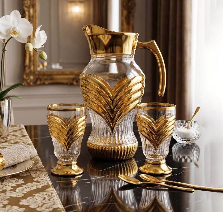 Image of Crystal Golden Water and Juice Glasses Set of 6 and Jug 1 piece Transparent, Glass and Jug Set for Dining Table,Party,Gift Set,All pourpse use Set of 1