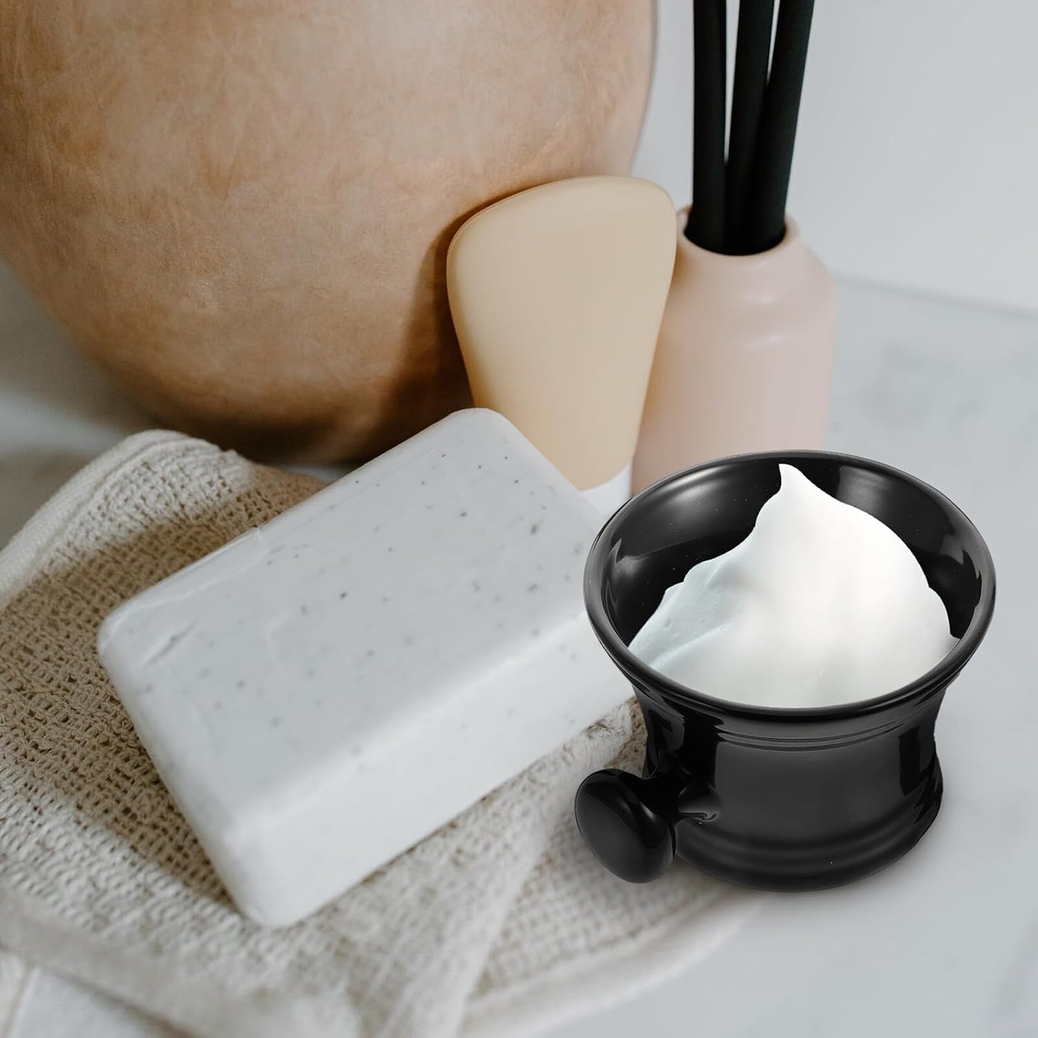 SHOWERORO Ceramic Shaving Soap Foaming Bowl for Men Black Wide Mouth Shaving Cream Container with Heat Insulation and Foam Lathering