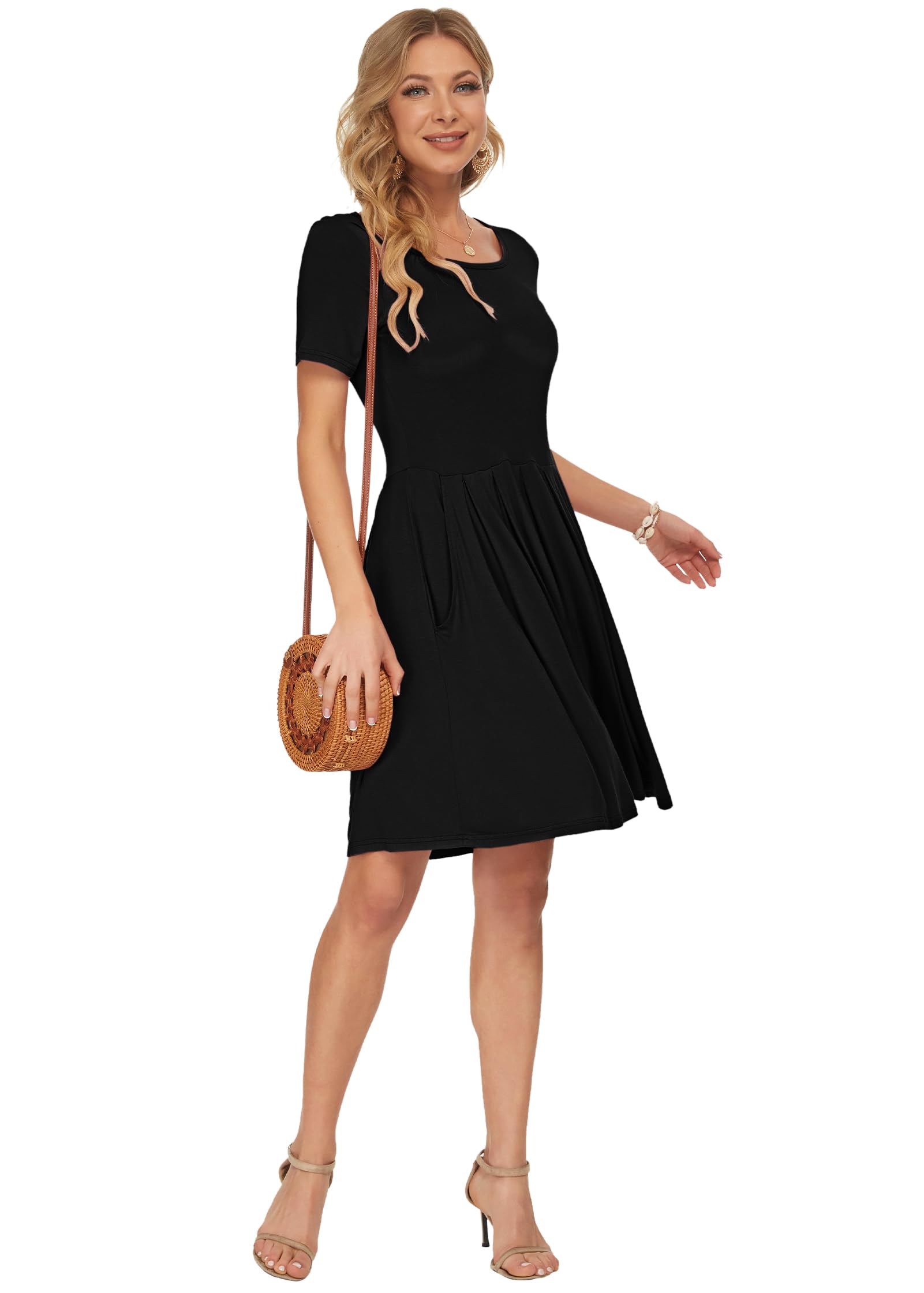 AUSELILY Damen Kurzarm Plissee Loose Swing Freizeitkleid mit knielangen Taschen