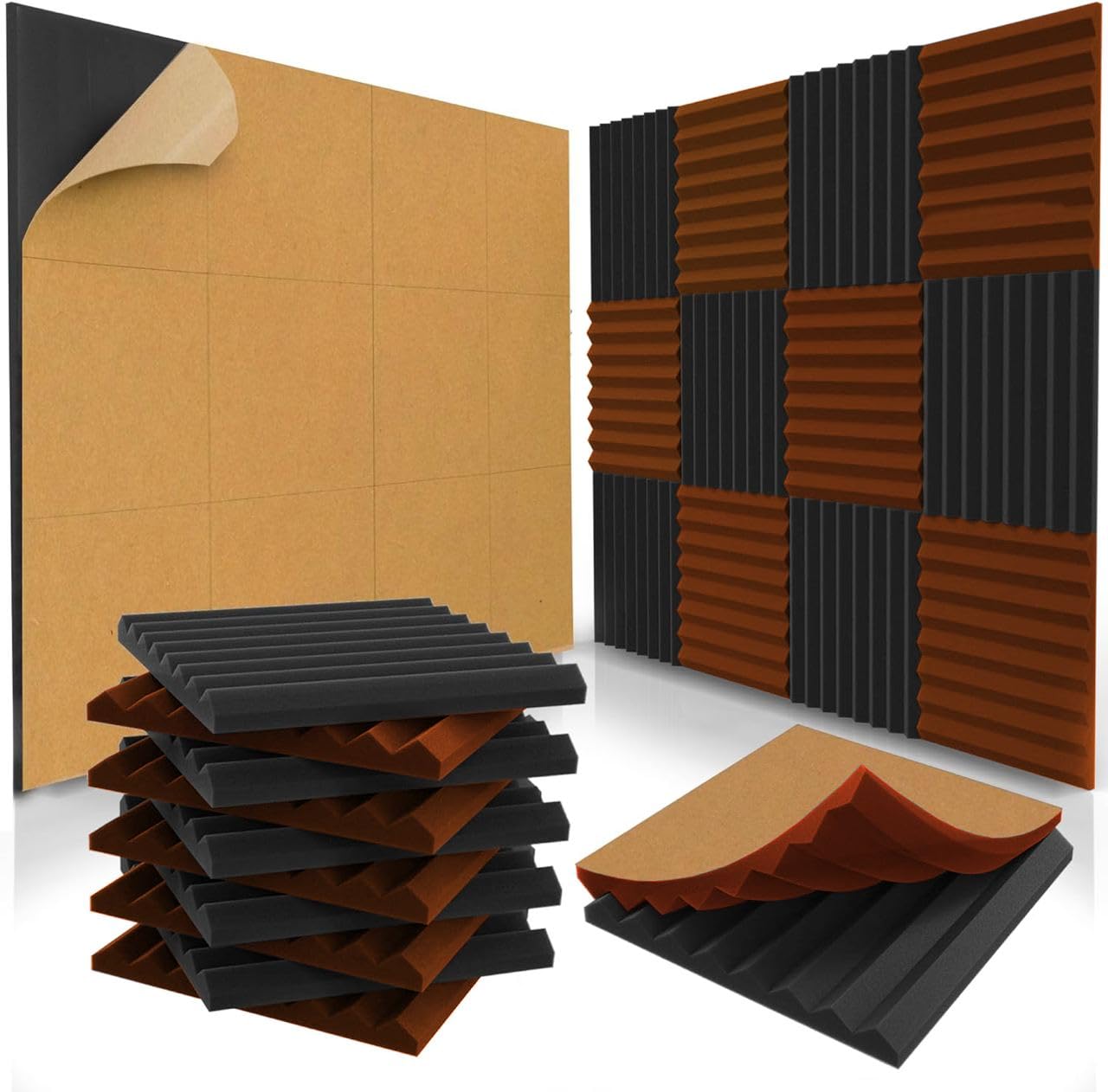audiosoul 48 Pack Self-Adhesive Acoustic Panels 1 X 12 X 12 Inches - Acoustic Foam - Studio Foam Wedges - High Density Panels - Soundproof Wedges - Black/Orange