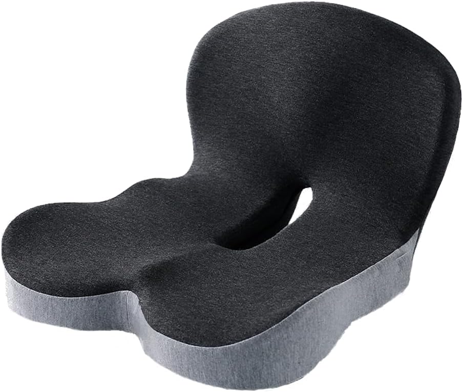 Celinva Orthopedic Cushion, Memory Foam Seat Cushion for Office Chair, Smooth Cushion, Pressure Relief, Non-Slip Belt Backrest, Ergonomic Memory Foam Backrest(Black&Gray)