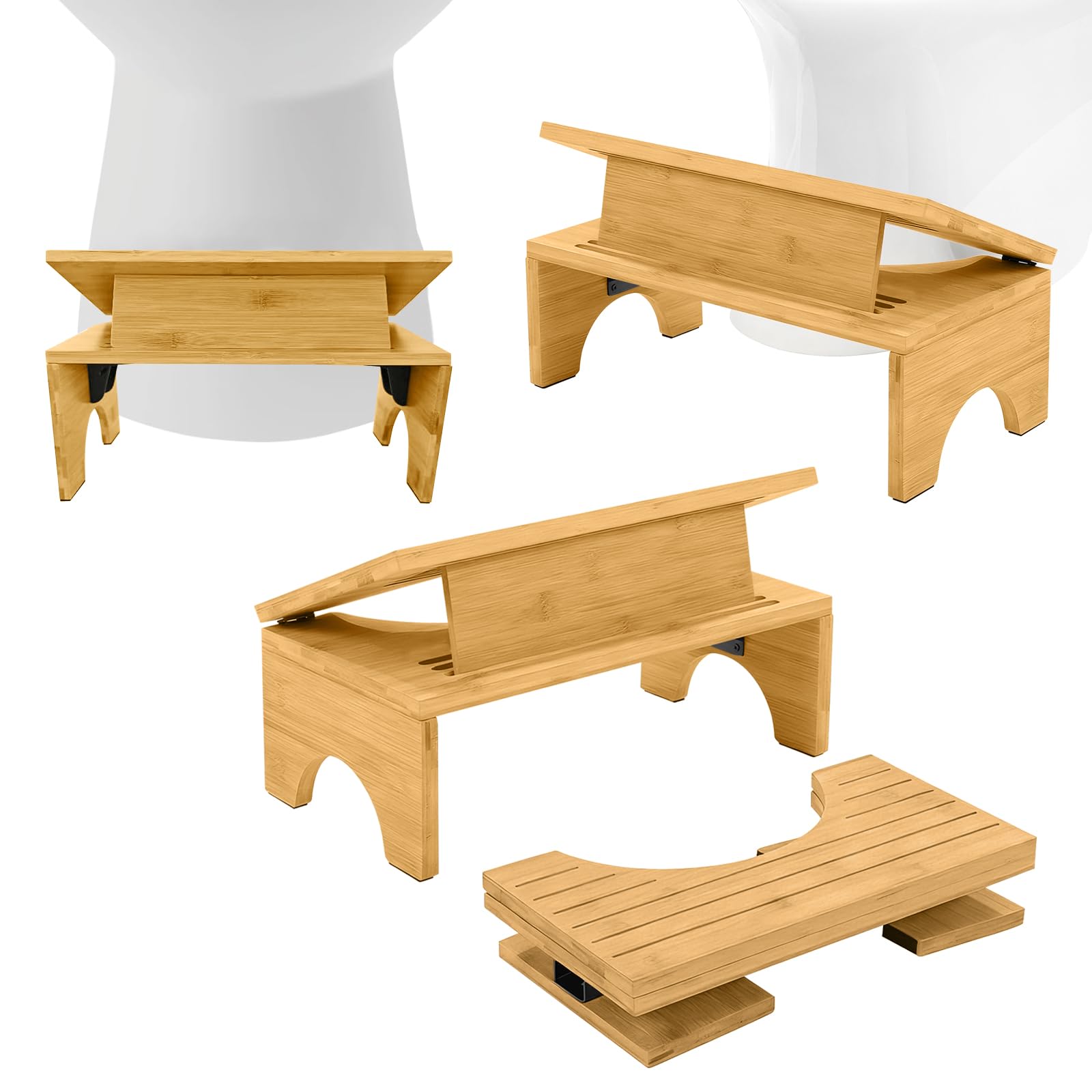 Sgabello da toilette pieghevole in bambù, 39,5 x 21,5 x 16,5 cm, in bambù, per adulti, con 4 velocità di regolazione dell'inclinazione, antiscivolo, pieghevole, per adulti e bambini
