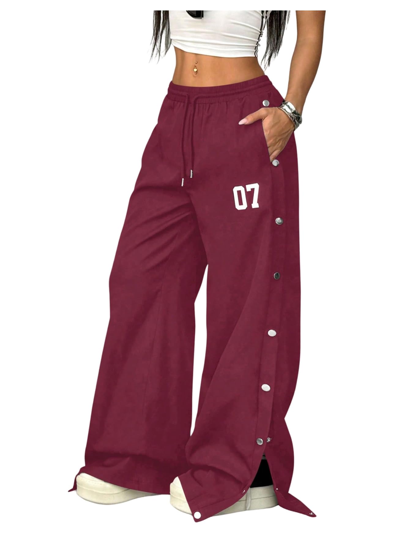 Womens Baggy Sweatpants Y2k Buckle Slit Track Pants Drawstring Waist Wide Leg Trousers Streetwear
