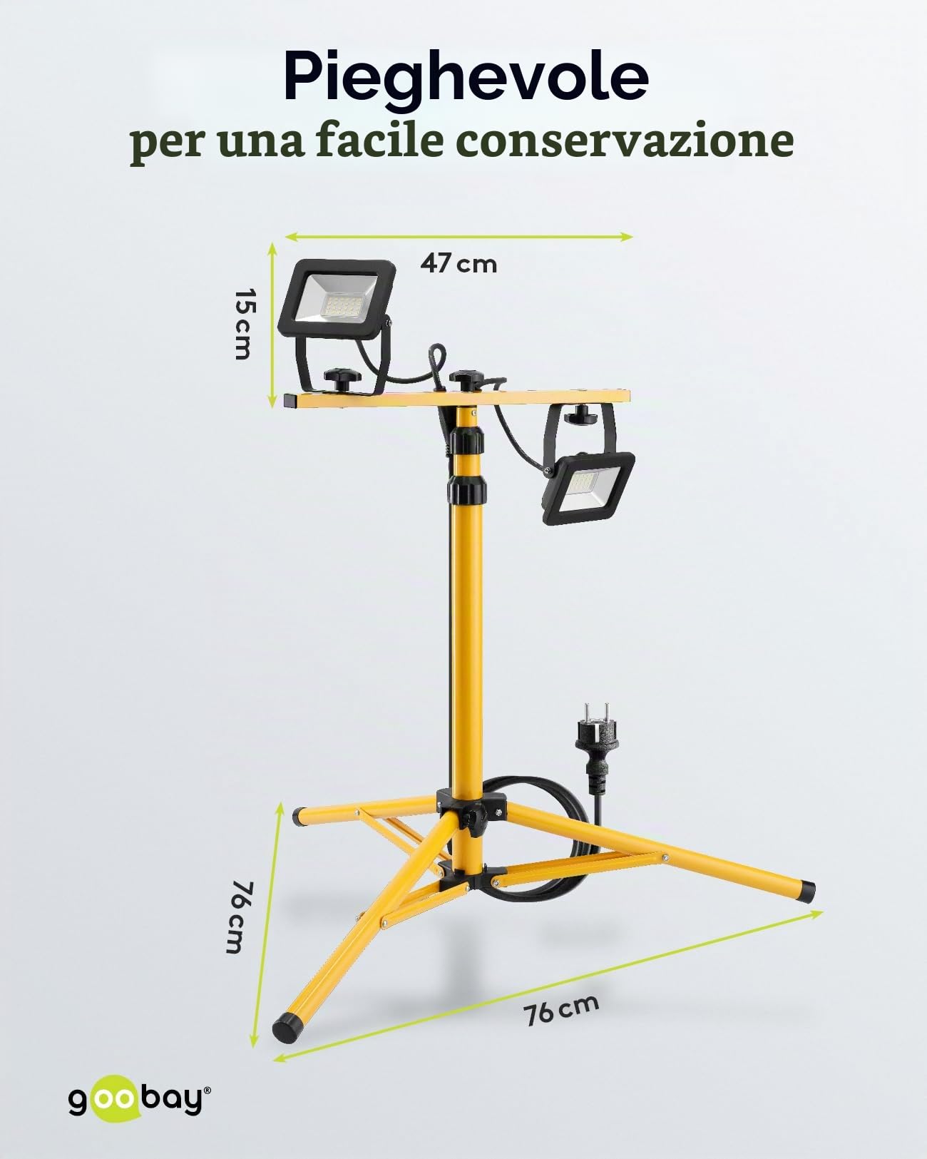 Goobay 57845 Faretto da costruzione a LED su stativo telescopico 2 x 20W / 3400lm / Luce bianca neutra - 4000K / Per uso interno ed esterno - IP65 / Nero/Giallo