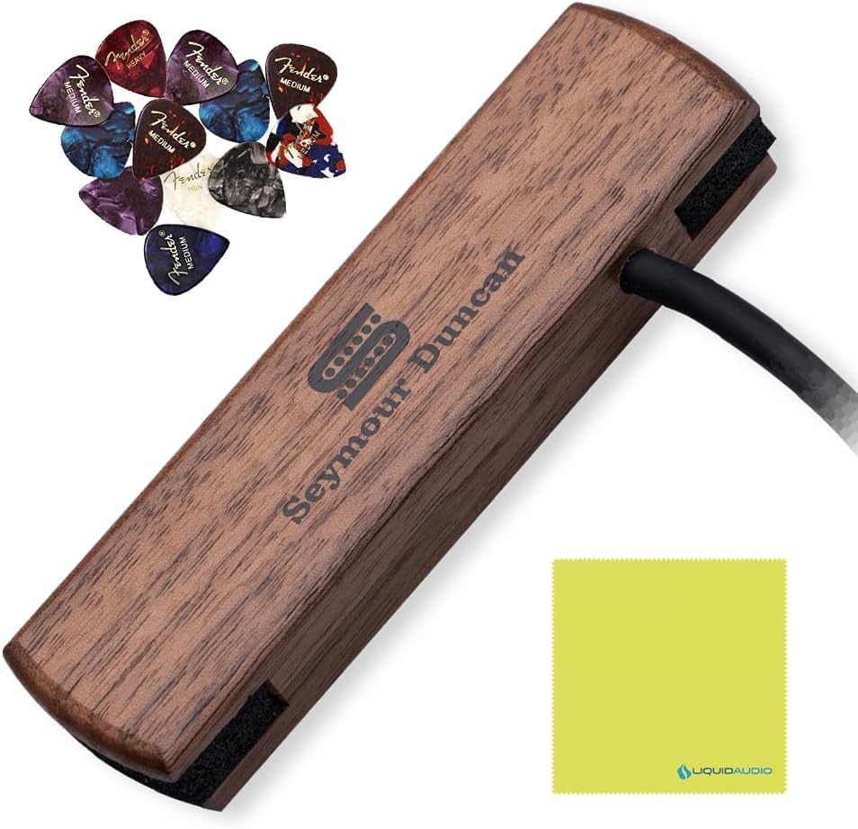 Seymour Duncan 11500-30-WLN Woody Single Coil Acoustic Guitar Soundhole Pickup - Walnut Bundle w/ 12x Fender Guitar Picks, and Liquid Audio Polishing Cloth