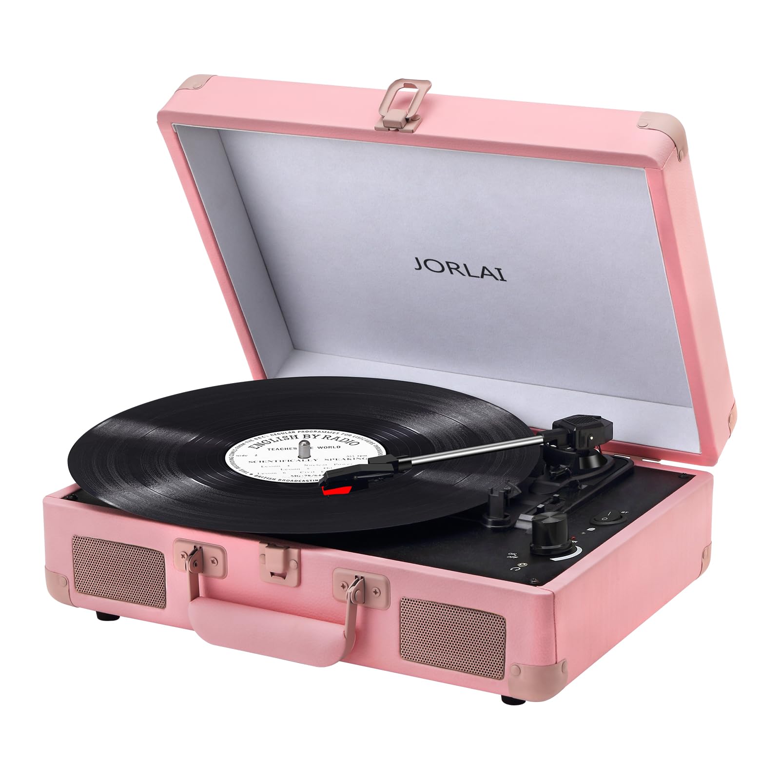 Jorlai Vinyl Record Player 3 Speed Turntable with Bluetooth, Built in Battery, Portable Suitcase, Built in Speakers, 3.5mm Headphone Jack Aux in/RCA Out Pink for Home Decoration Gift