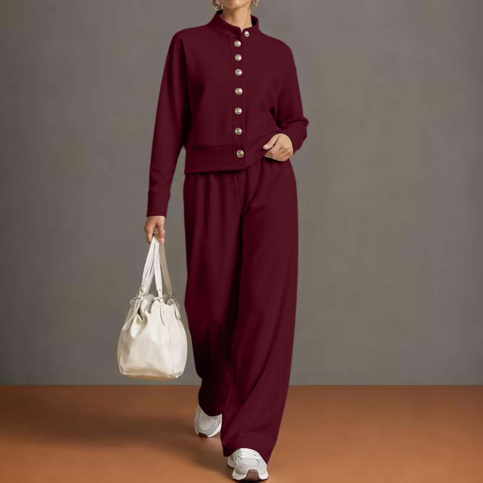 Set da 2 pezzi da donna autunno inverno sottile foderato in pile tute a maniche lunghe felpa con bottoni a gamba larga pantaloni jogger casual sciolto collo a lupetto tuta calda accogliente loungewear
