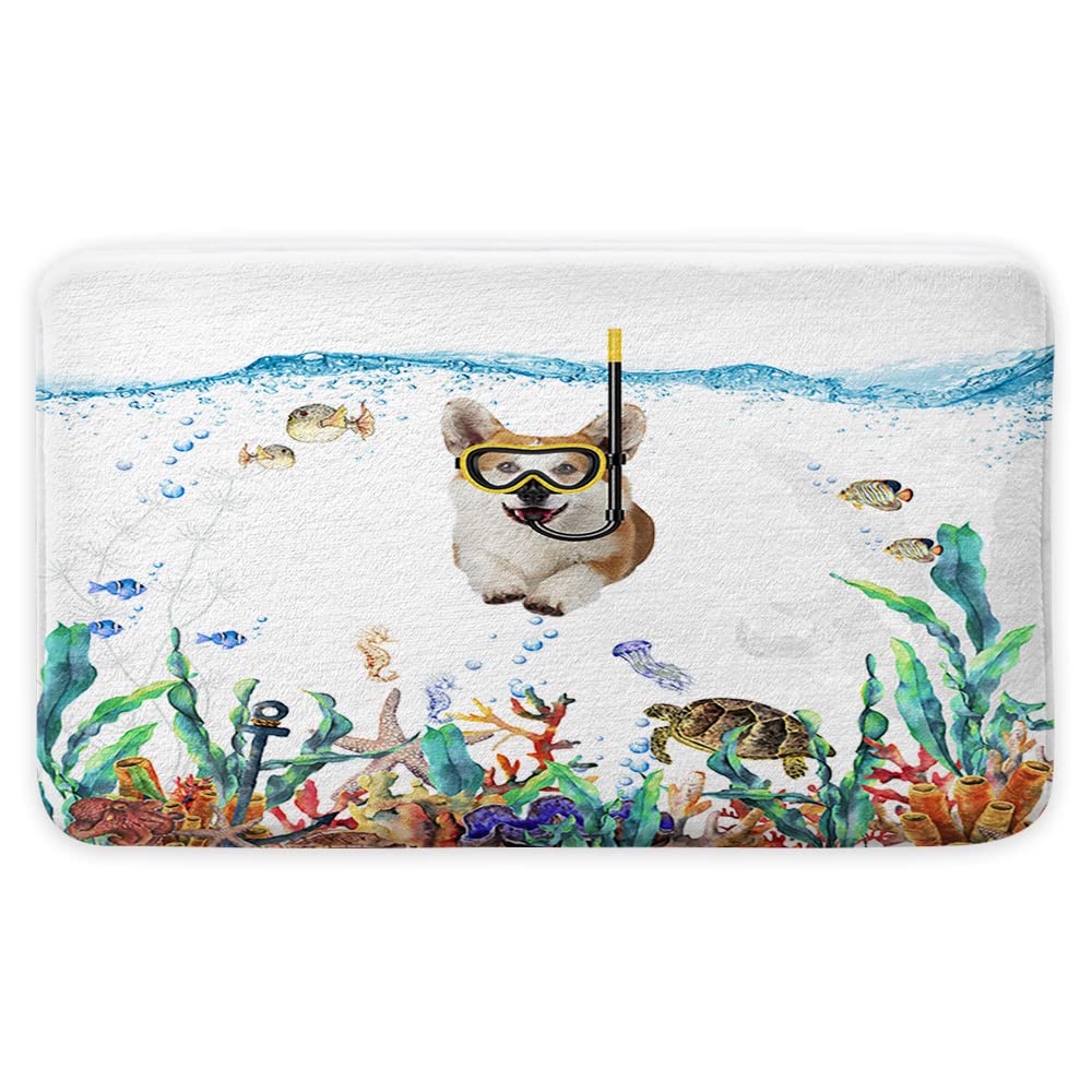 Uokiuki Funny Corgi Dog Bath Mat, Tropical Fish Coral Underwater Marine Life Bath Rug, Non Slip Bathroom Rug, Cool Dog Diving Bathroom Decor 17x29