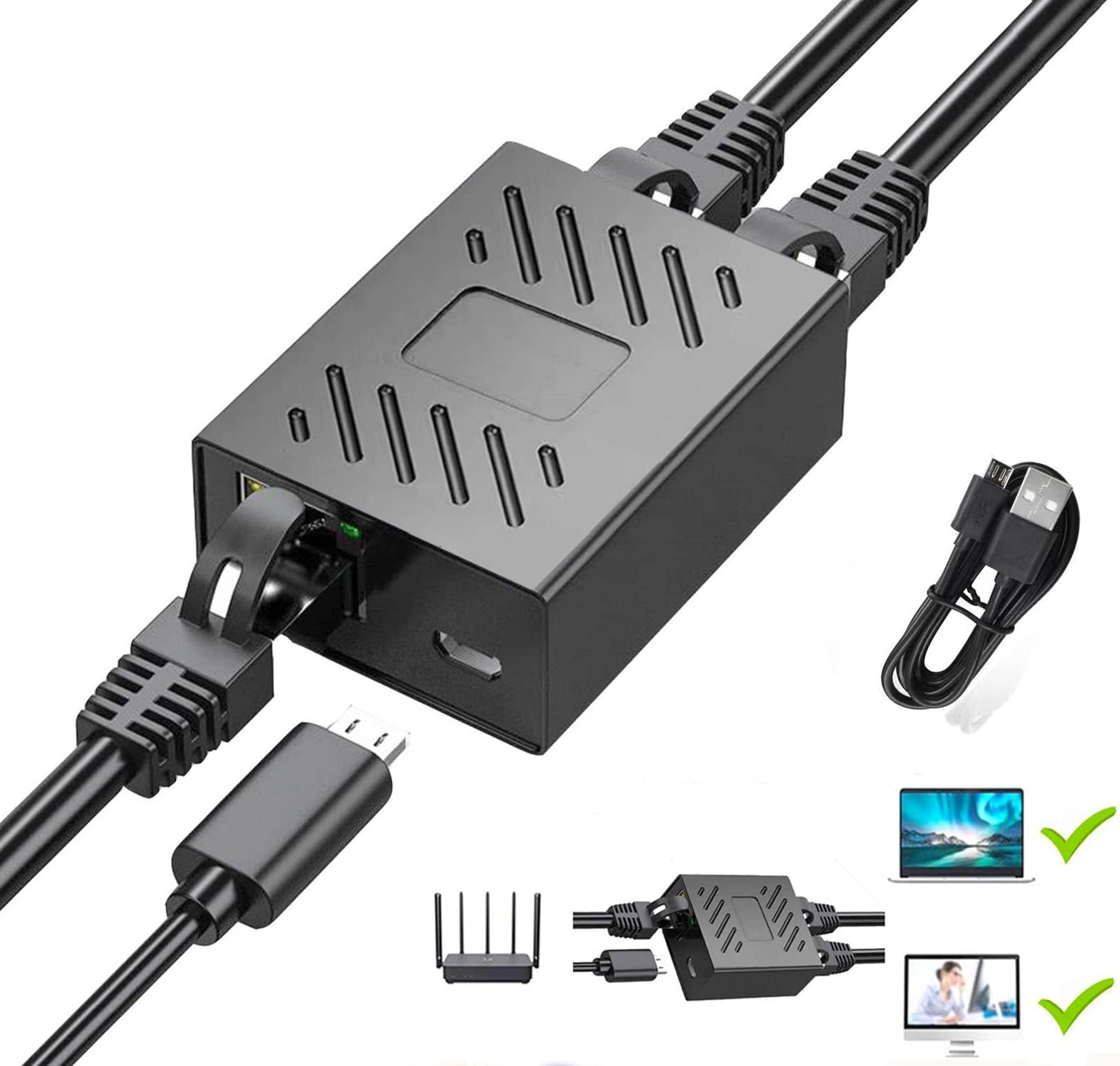 [2 Devices Simultaneous Networking] Ethernet Splitter 1 to 2 RJ45 Extender, Network Switch Converter with 3.3FT USB Charing Cable, Suitable for CAT 5/6/6E/7/8, Computer/Router/TV Box
