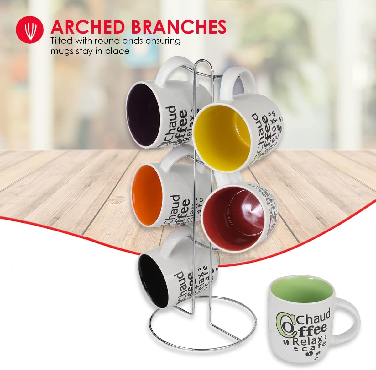 Home Basics Printed Coffee Mug Set For Kitchen Countertop (6 Pieces), Assorted Colors Tea, Hot Chocolate, and Coffee Mugs Set Of 6 | 8oz. Ceramic Coffee Mugs | With Stand