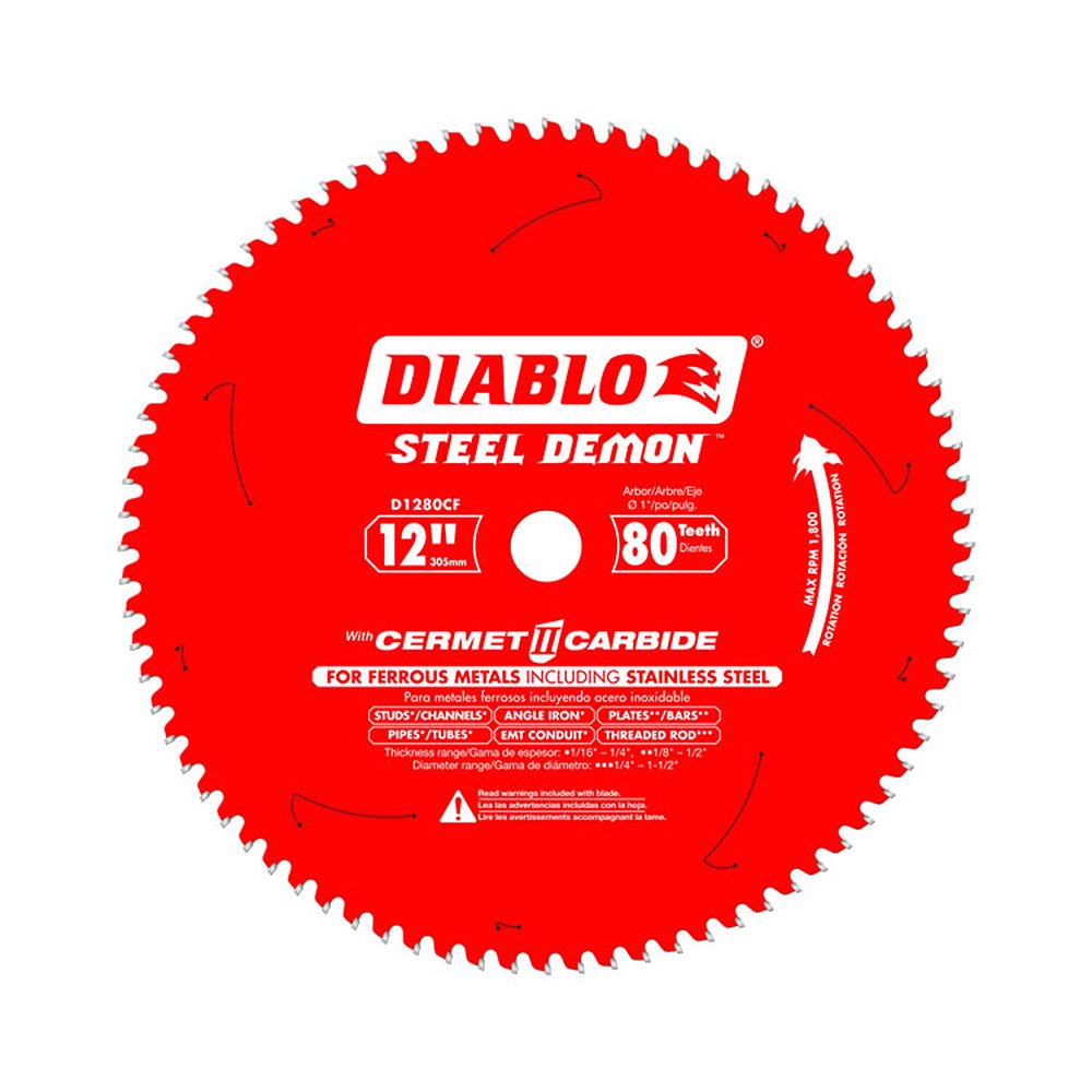 Diablo Steel Demon Cermet II Saw Blade for Thin Metal - 12" Diameter, 80 TCG Teeth, 1" Arbor, .083" Kerf, 0deg Hook Angle, .0.71" Plate, 1800 Max RPM - D1280CF