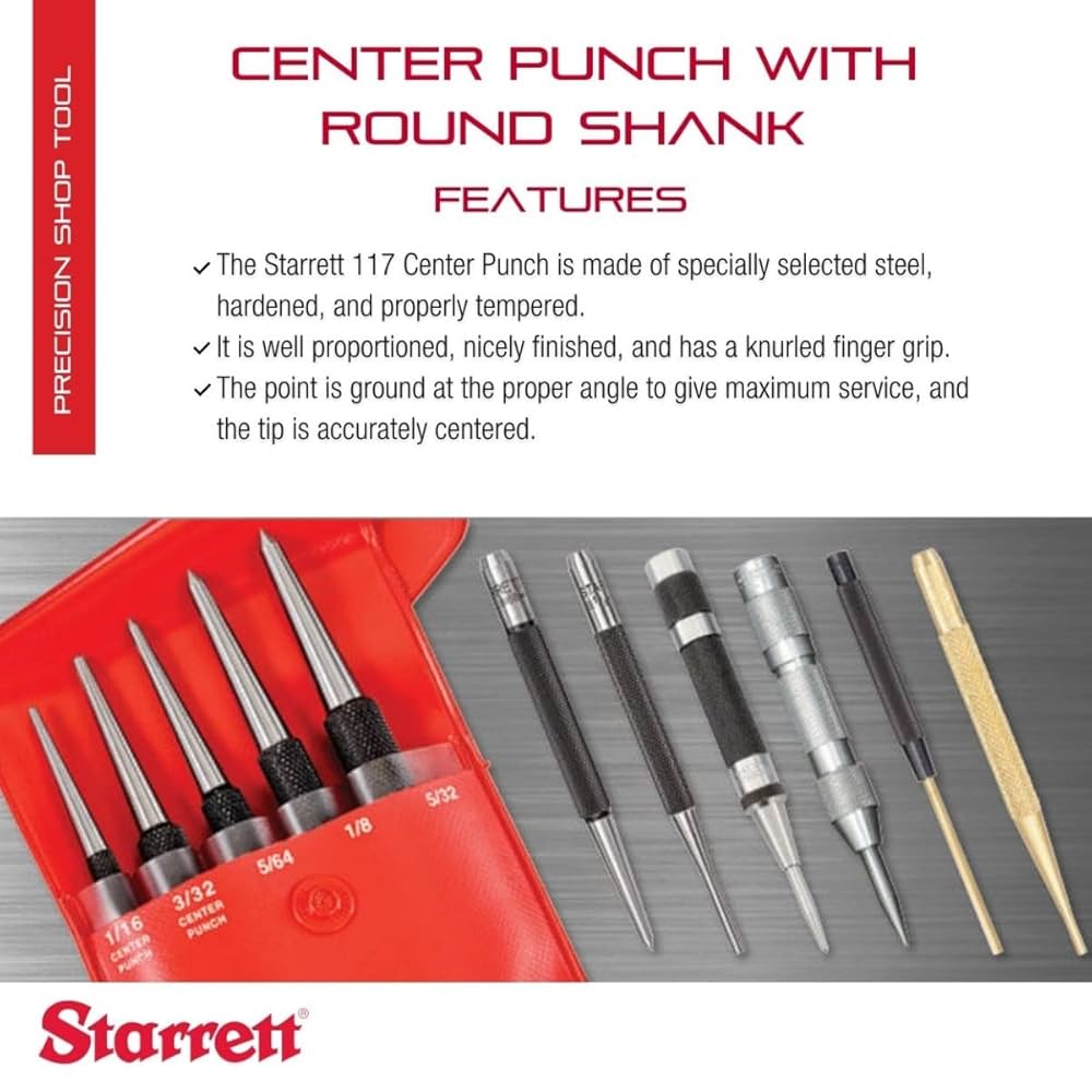 Starrett 117AA Center Punch With Round Shank, 3" Length, 1/16" Tapered Point Diameter