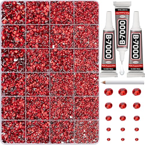 33000Pcs Red Rhinestones for Bedazzling Multi Sizes 2 3 4 5 6mm Siam Flatback Gems Bedazzler Kit with B7000 Glue Resin Flat Back Diamond Jewel Gemstone Crystal Rhine Stone for Crafting Clothes Shoes