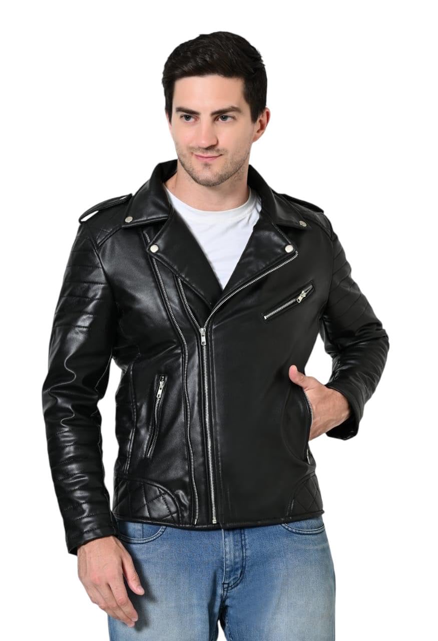 HK WORLD Faux Leather Biker Jacket for Men, Black, Zip Closure with Lappel Collar HK WORLD Faux Leather Biker Jacket for Men, Black, Zip Closure with Lappel Collar