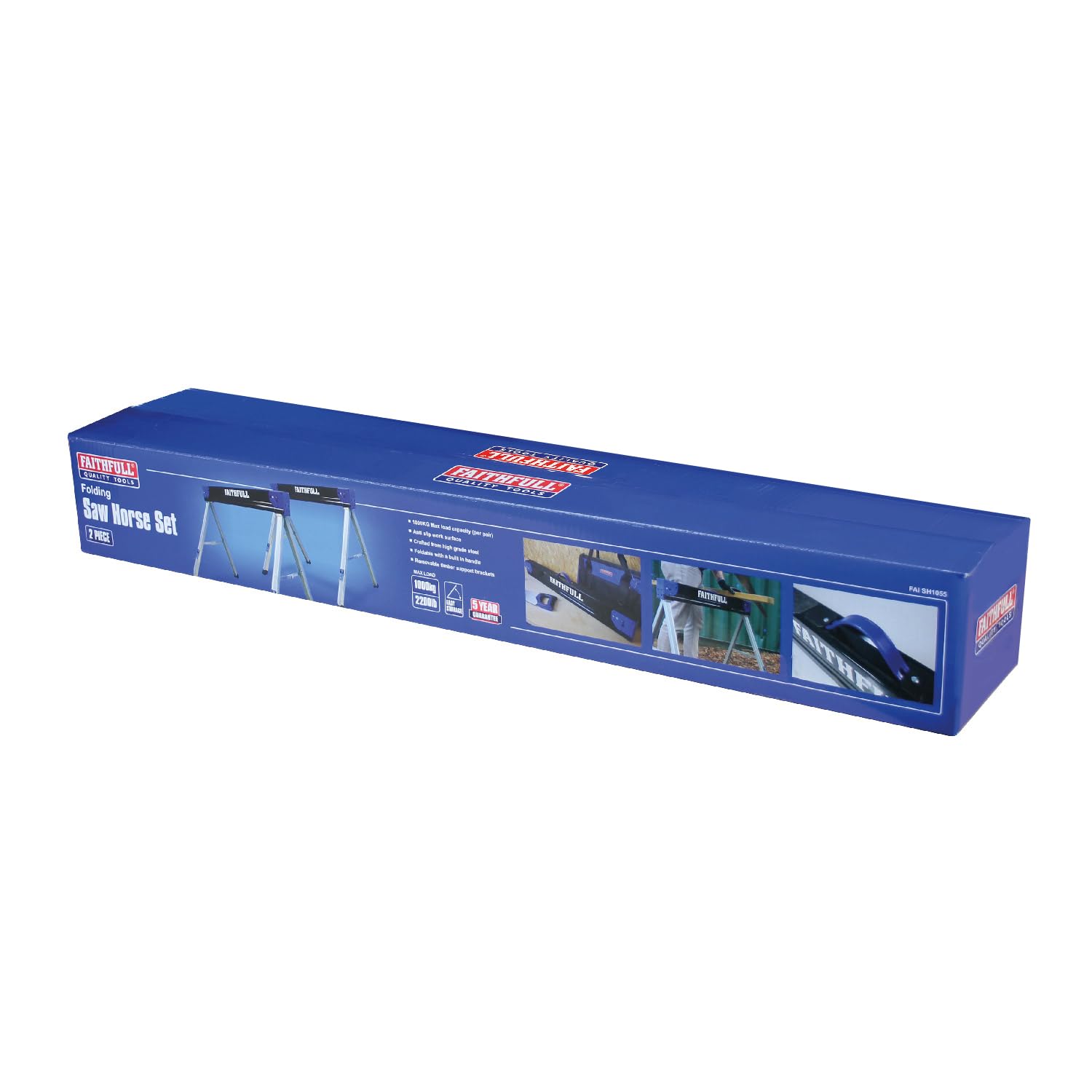 Faithfull Chevalet de sciage pliable – Lot de 2 chevalet de sciage en acier de haute qualité avec capacité de 1000 kg, surface antidérapante, supports amovibles, bras de support et poignée de