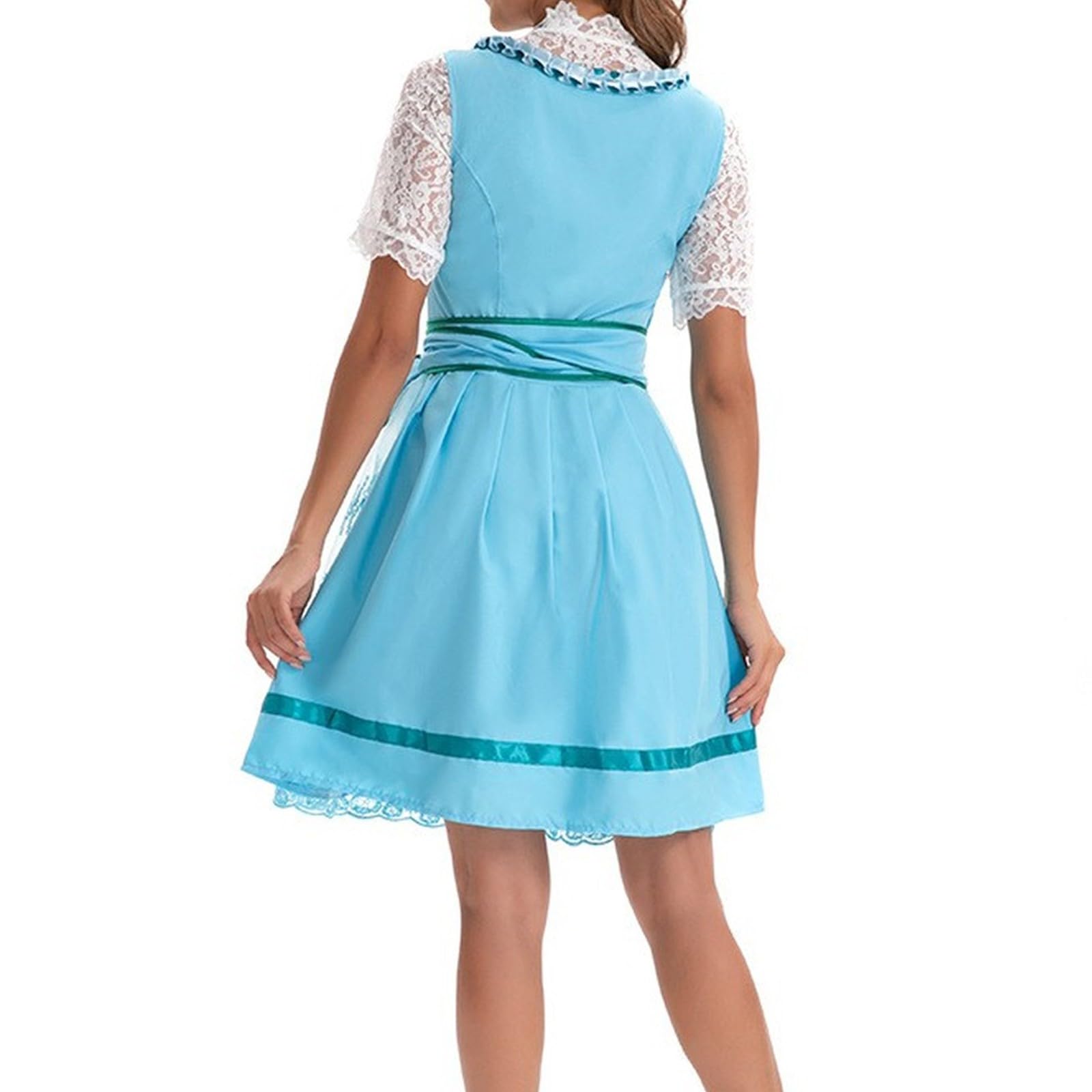 Dirndl Blau Damen Midi Trachtenkleid Dirndlbluse Spitze Dirndlschürze Schleife Dirndl-Komplettsets 4 Teilig Trachten Oktoberfest Damen Outfit Dirndlkleid Trachtenmode Einfarbige Trachtenrock