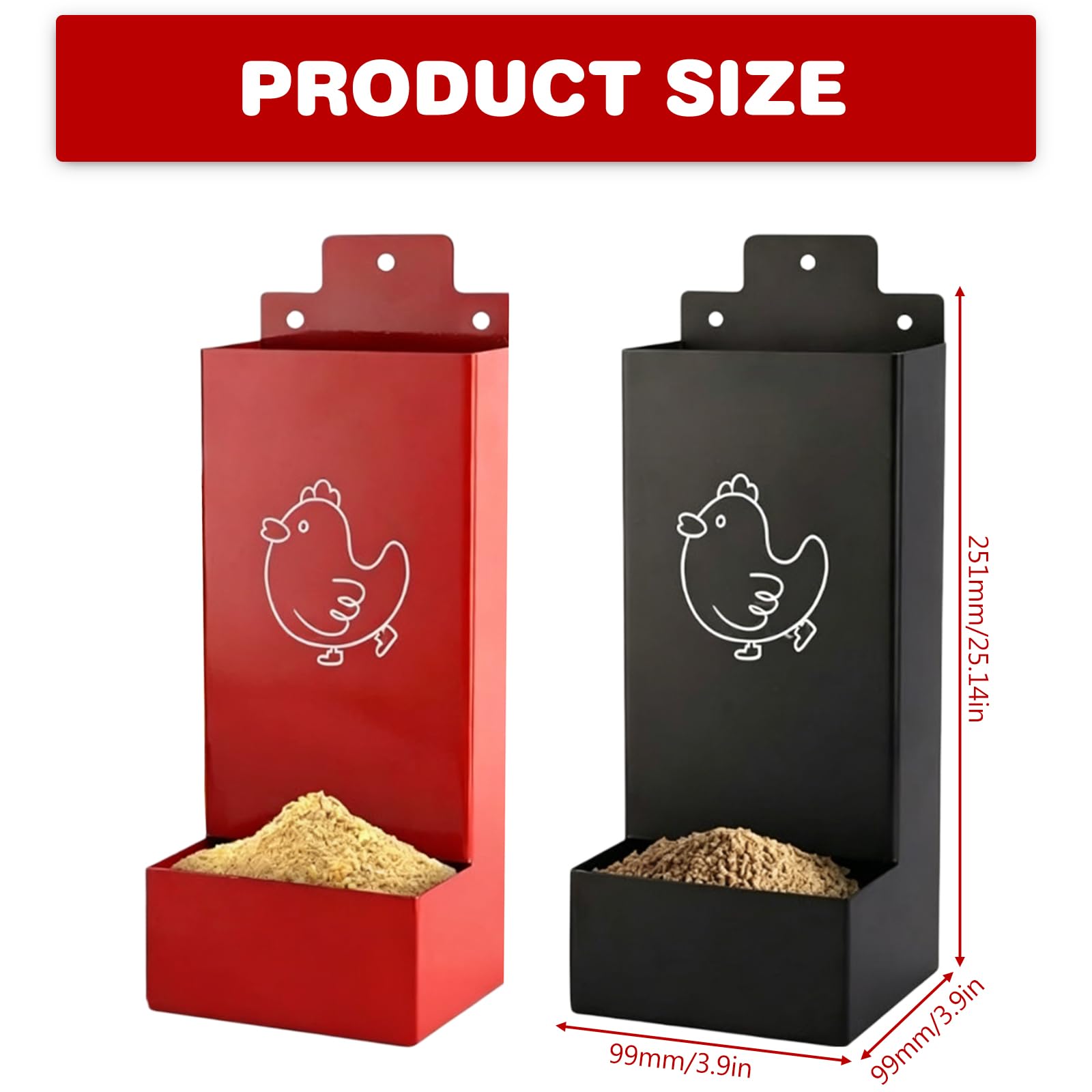 Lote de 2 comederos automáticos para gallinas, 1,3 l/pieza, alimentador automático de gallina, comedero de gallina de metal para accesorios de gallinero y cría de aves de corral, 25 cm (rojo,negro)
