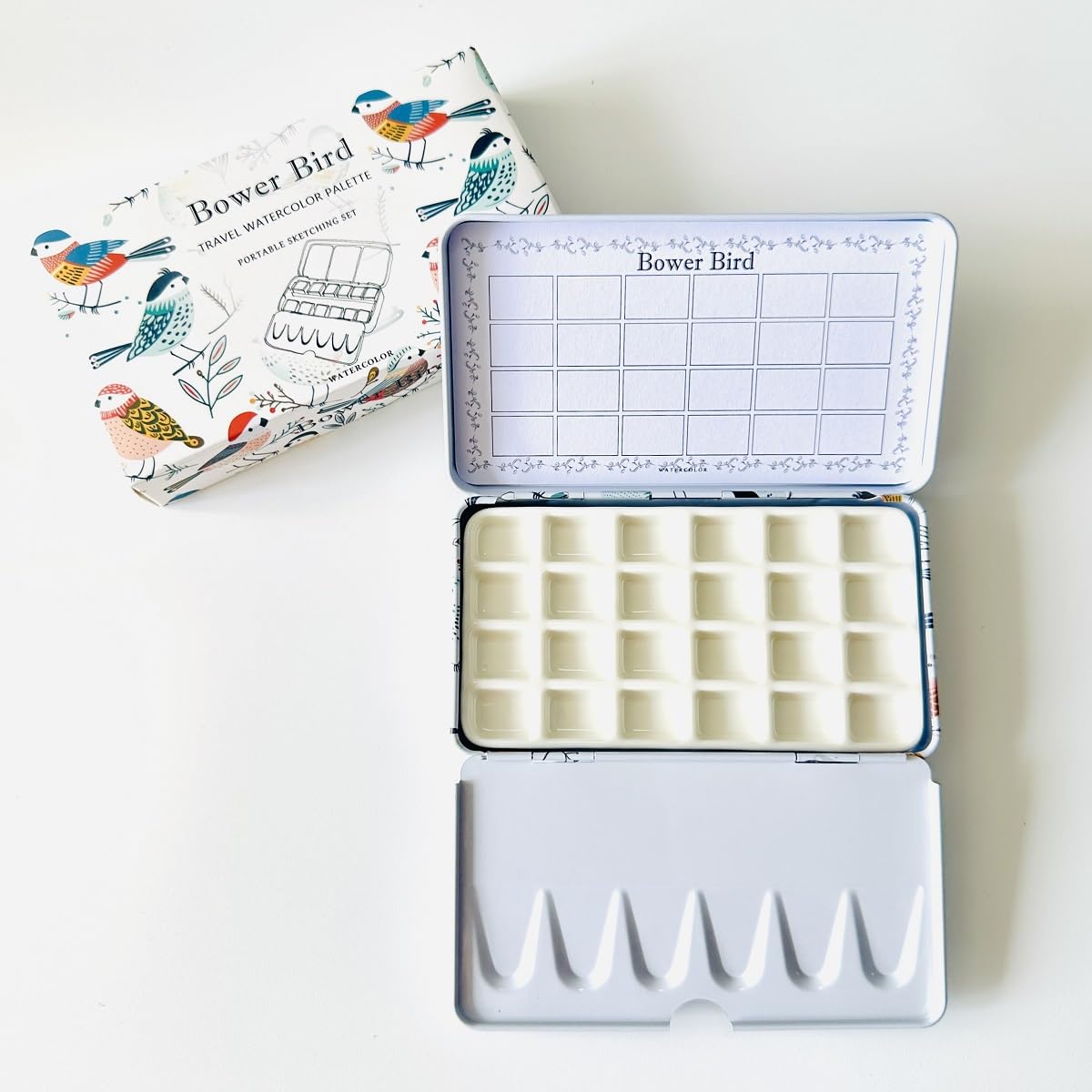 Bower Bird Silver Travel Watercolor Palette,Portable Ceramic Palette,Empty Paint Palette,Small Travel Metal Paint Boxwith Porcelain Palette (24Well)