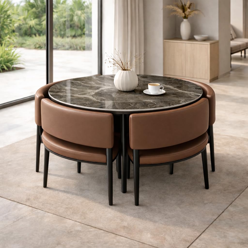 Deep Sleep Space-Saving Round Dining Table Set | Ceramic Stone-Look Tabletop | 4 Nesting Cushioned Chairs | Modern Compact Dining Set for Apartments| Brown