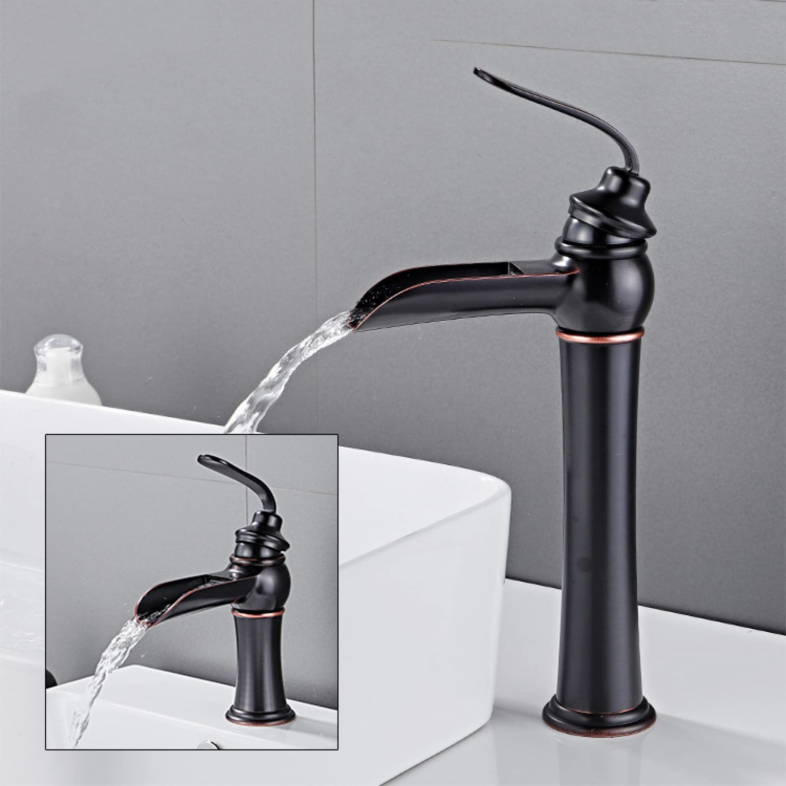 Robinet De Salle De Bain Cuivre Noir, Mitigeur Lavabo Cascade, Hauteur Du Bec 140mm, Eau Chaude Et Froide 96302927