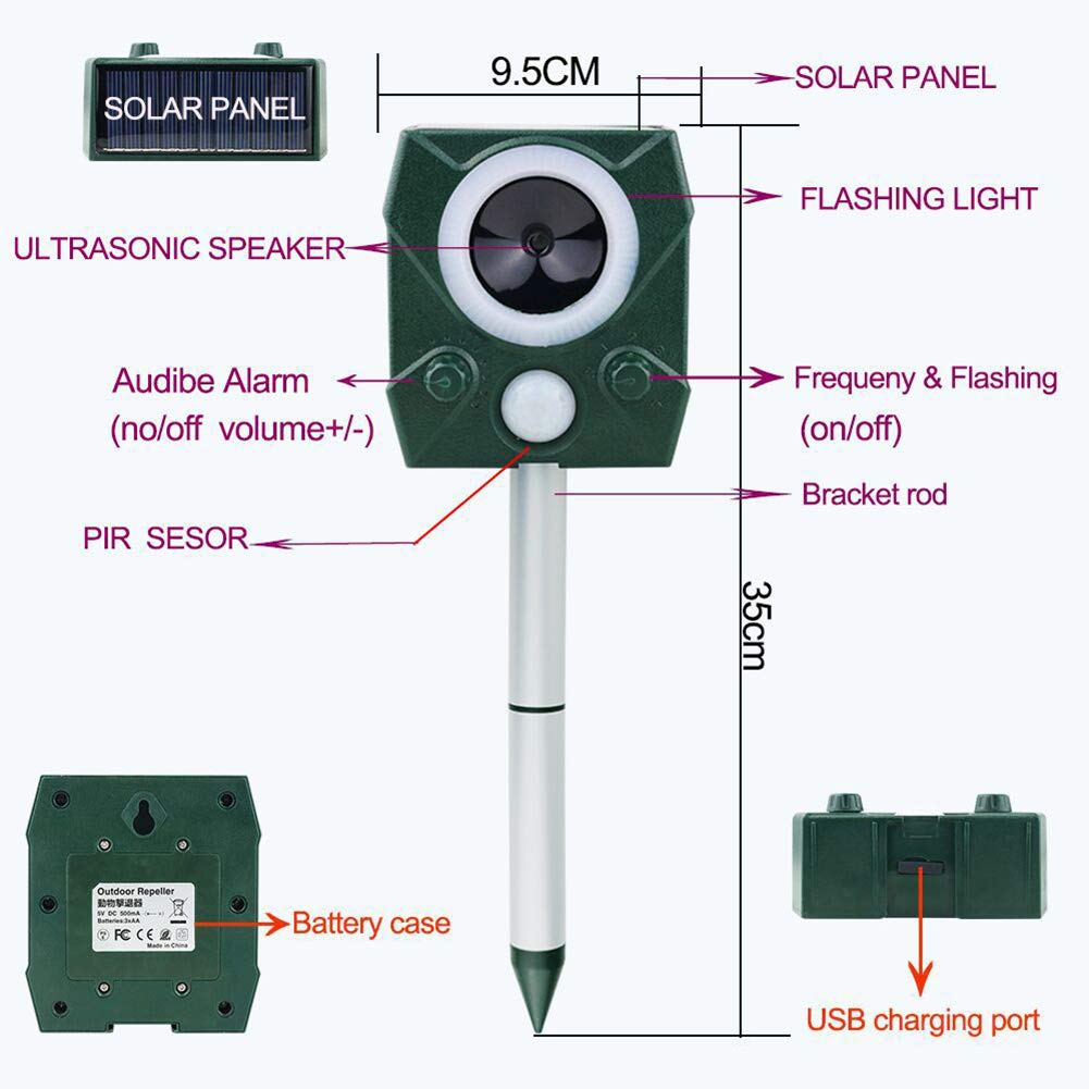 ERNZI 2 szt., Cat Ultrasonic Solar, Odstraszacz zwierząt Ultradźwiękowy Flash 5 Tryb regulowany z wbudowaną baterią litową, Wodoodporny środek odstraszający zwierzęta do ogrodu
