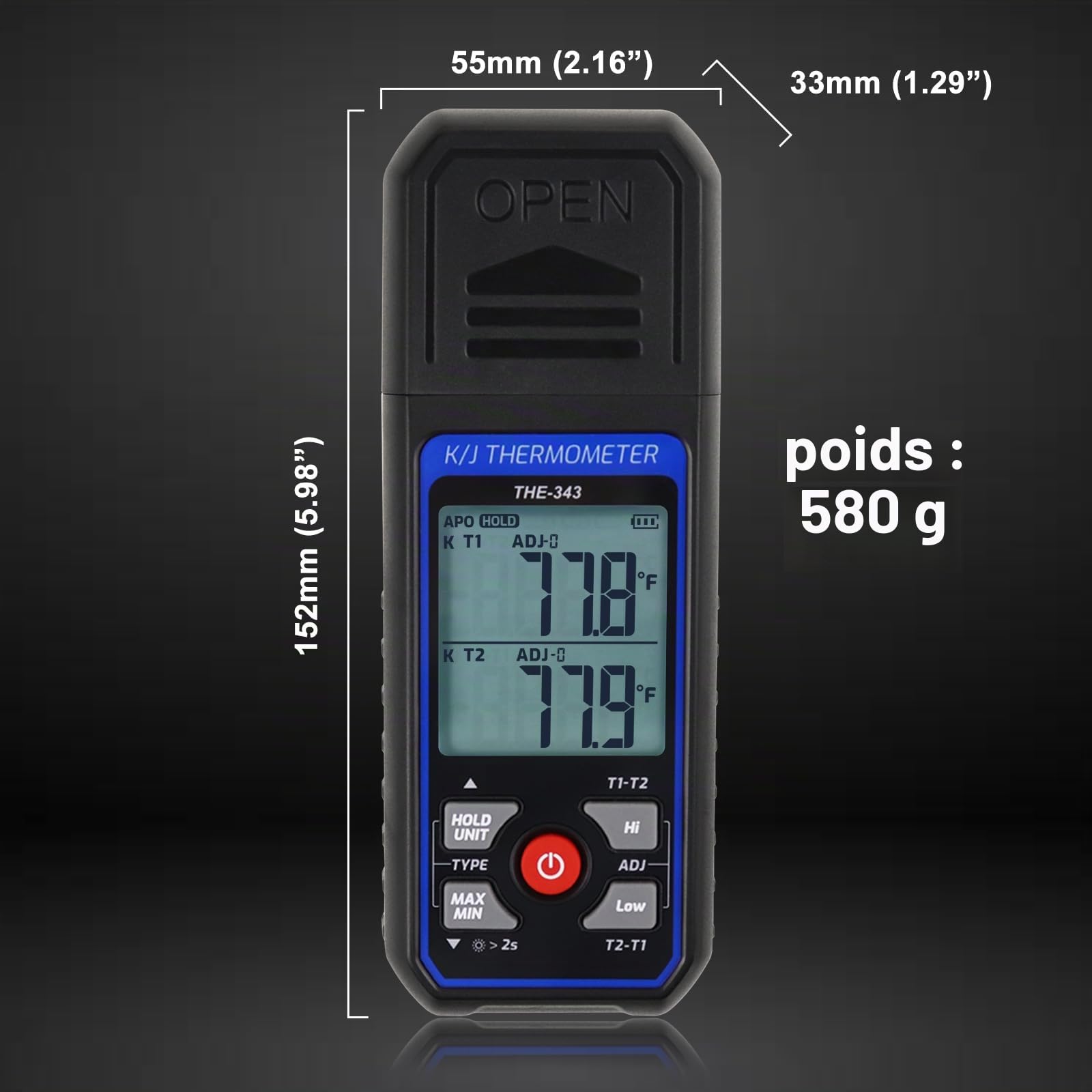 Thermomètre à Thermocouple Numérique de Type K/J avec Thermocouple de Type 4 K, CVC avec Alarme et Compensation d'Ajustement, Thermomètre -200°C to 1372°C Plage de Mesure