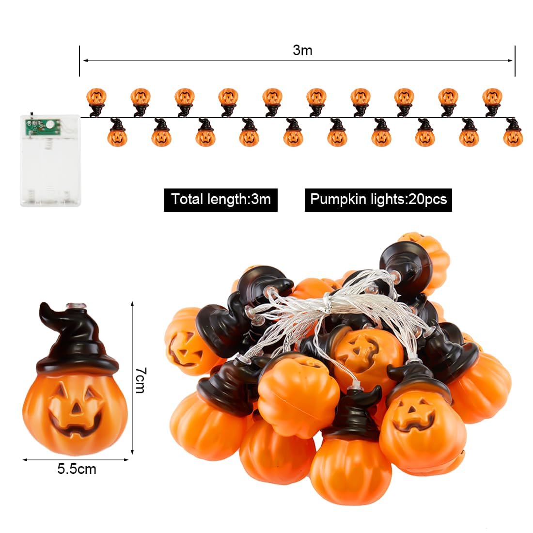 Luci Decorative Halloween – Stringa 3m Con 20 LED A Forma Di Zucca, Fantasma E Pipistrello. Alimentazione A Batteria, IP65.