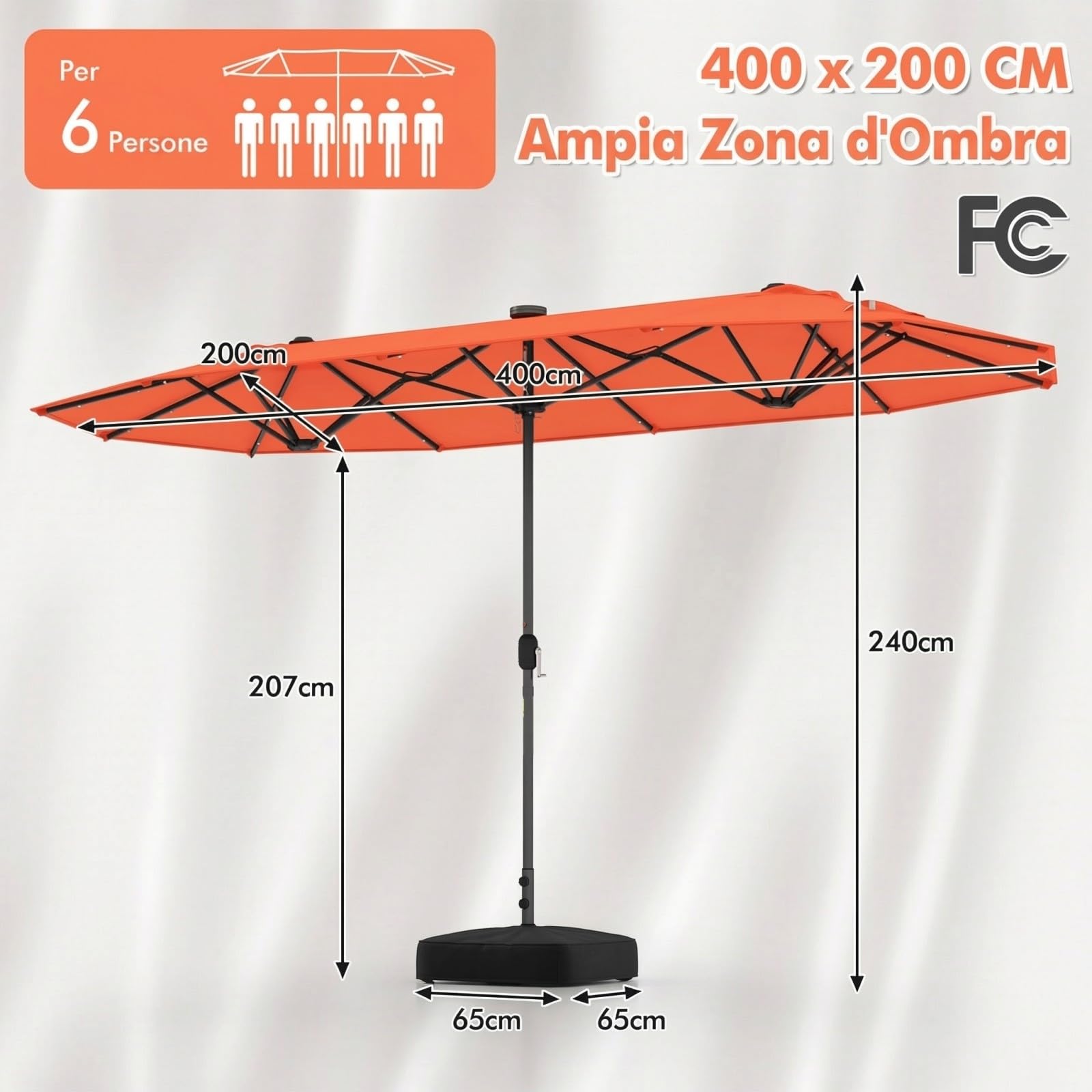 RELAX4LIFE Ombrellone da Giardino 4 x 2 M con Luci LED, Parasole Doppio con Base e Apertura Manovella per Patio, Terrazzo, Balcone e Ristorante (Arancione-Base+Luci, 4 x 2 M)
