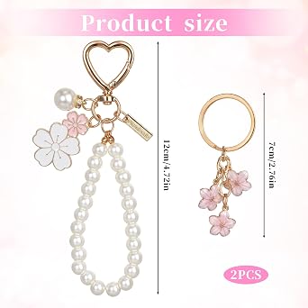 Piriuuo 2 Pcs Cute Pearl Keychains for Women, Flower Keychain Kit Imitation Pearl Chain Key Chain Golden Car Key Chain Flower Keychain Charm for Girls Purse Bag Accessories