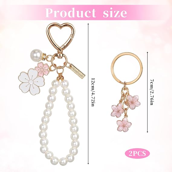 Piriuuo 2 Pcs Cute Pearl Keychains for Women, Flower Keychain Kit Imitation Pearl Chain Key Chain Golden Car Key Chain Flower Keychain Charm for Girls Purse Bag Accessories