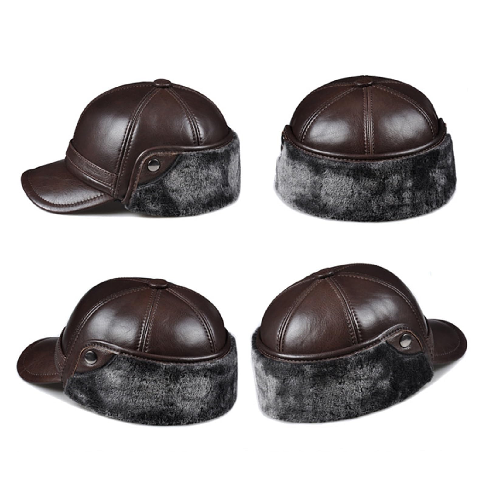 SDdPulse Cappello invernale da uomo in pelle bovina spessa berretti da baseball con orecchie caldi cappelli di papà snapback, marrone-L