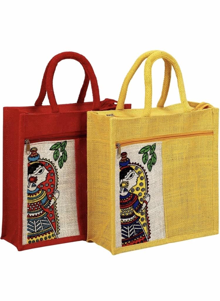 Jute Bag Durga Mataji Print Pack of 2 Medium Size (11 Inch X 11 Inch) Multicolour Printed Tiffin/Shopping/Grocery Hand Bag with Zip & Handle for Men and Women-image-23