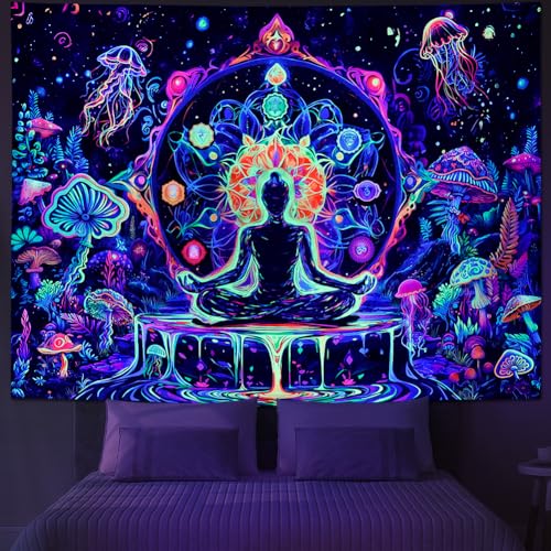 Yuiqear Blacklight Chakra Yoga Meditation Tapestry Mushroom Flower Wall Backdrop UV Reactive Mandala Tapestries Galaxy Space Jellyfish Tapestry Wall Hanging for Bedroom