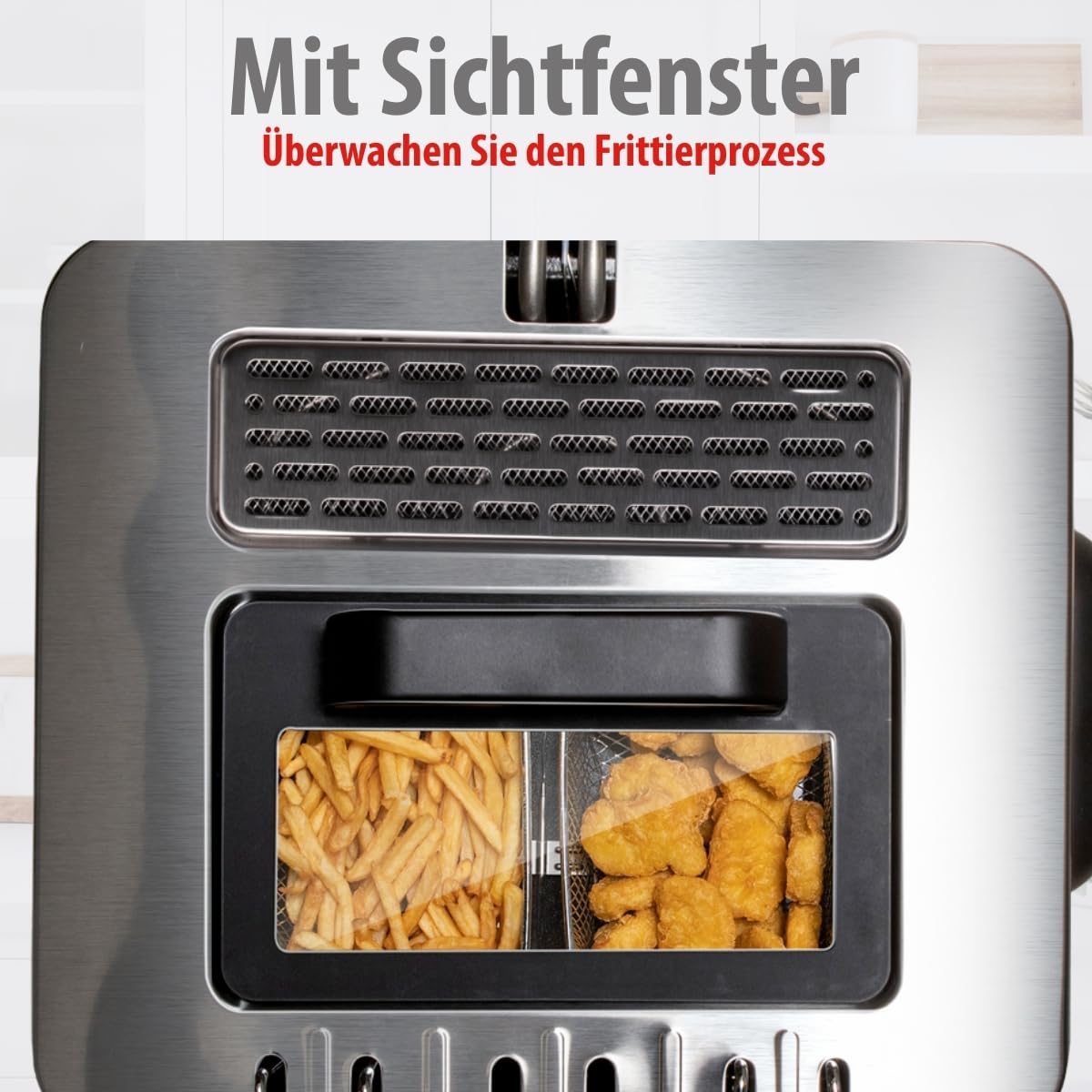 alpina Friteuse 5L - Doppel Fritteuse mit verstellbarem Thermostat - Fritöse mit Öl und 3 herausnehmbaren Körben - Deep Fryer 2000 W - 27,5 x 21,5 x 30,5 cm - Edelstahl, Silber