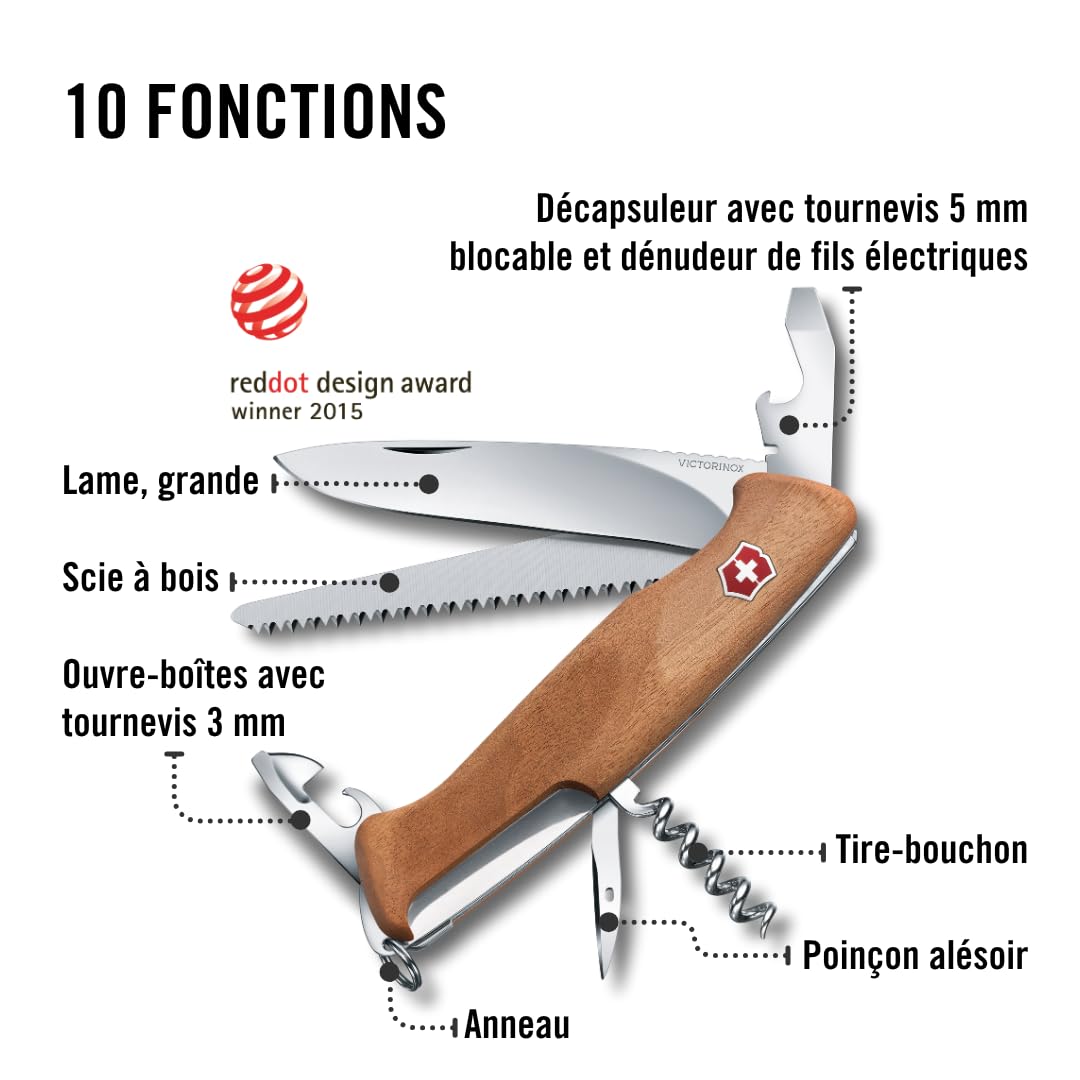 Victorinox Ranger Bois 55 Couteau de Poche Suisse, Multitool, 10 Fonctions, Lame Fixe, Tire Bouchon, Bois