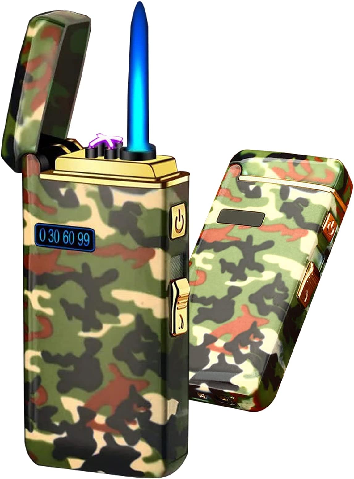 Arc Jet Flame Torch Lighter, 2 in 1 Electric USB Rechargeable Windproof Infinity Lighter, Refillable Butane for Cigar, BBQs, Fireworks, Candle, Camping (Camouflage A)