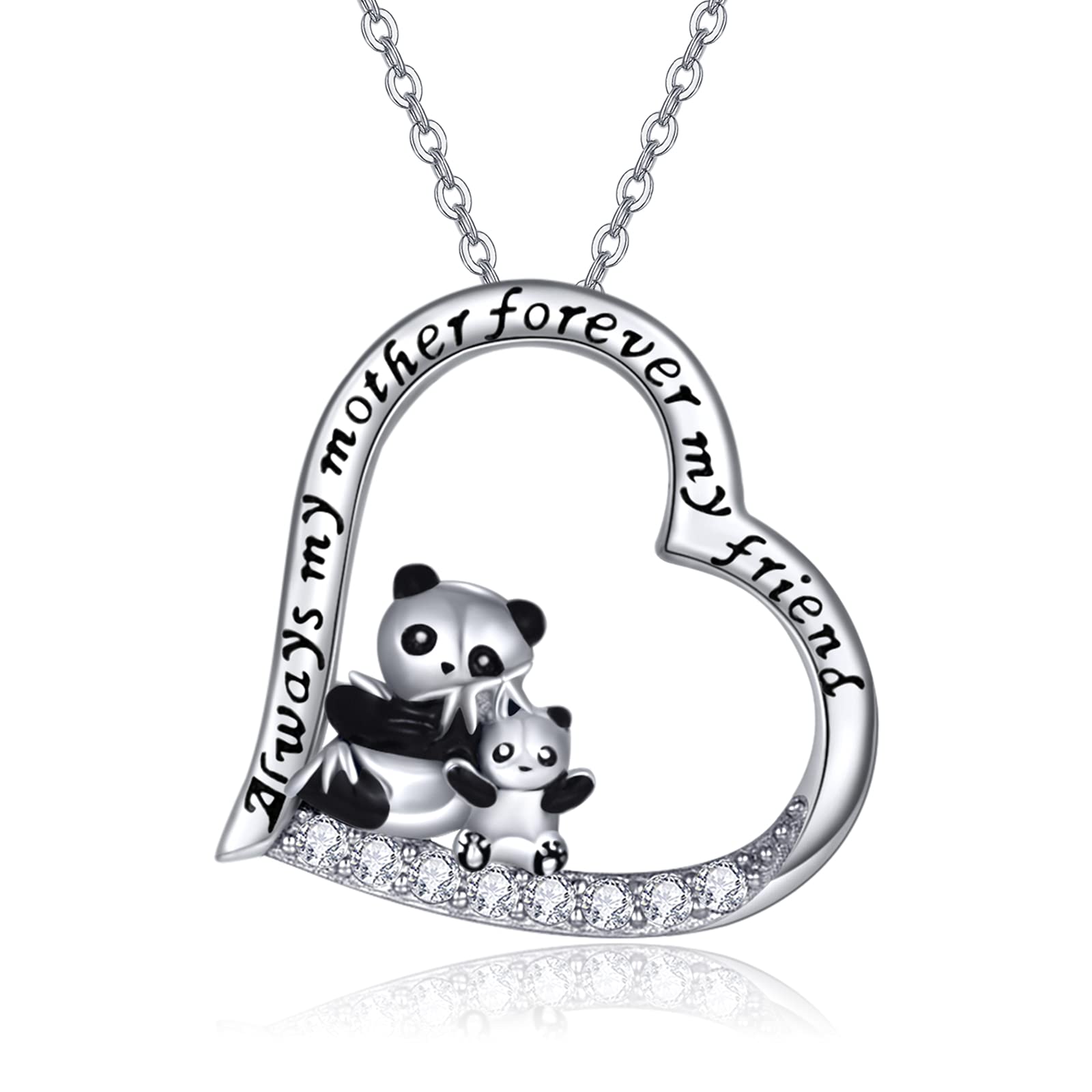 Sterling Silver Panda Necklace Lovely Panda Bamboo Pendant Heart Engraved Pendant Necklace Mother Panda Jewelry Gifts for Women Daughter Panda Lover