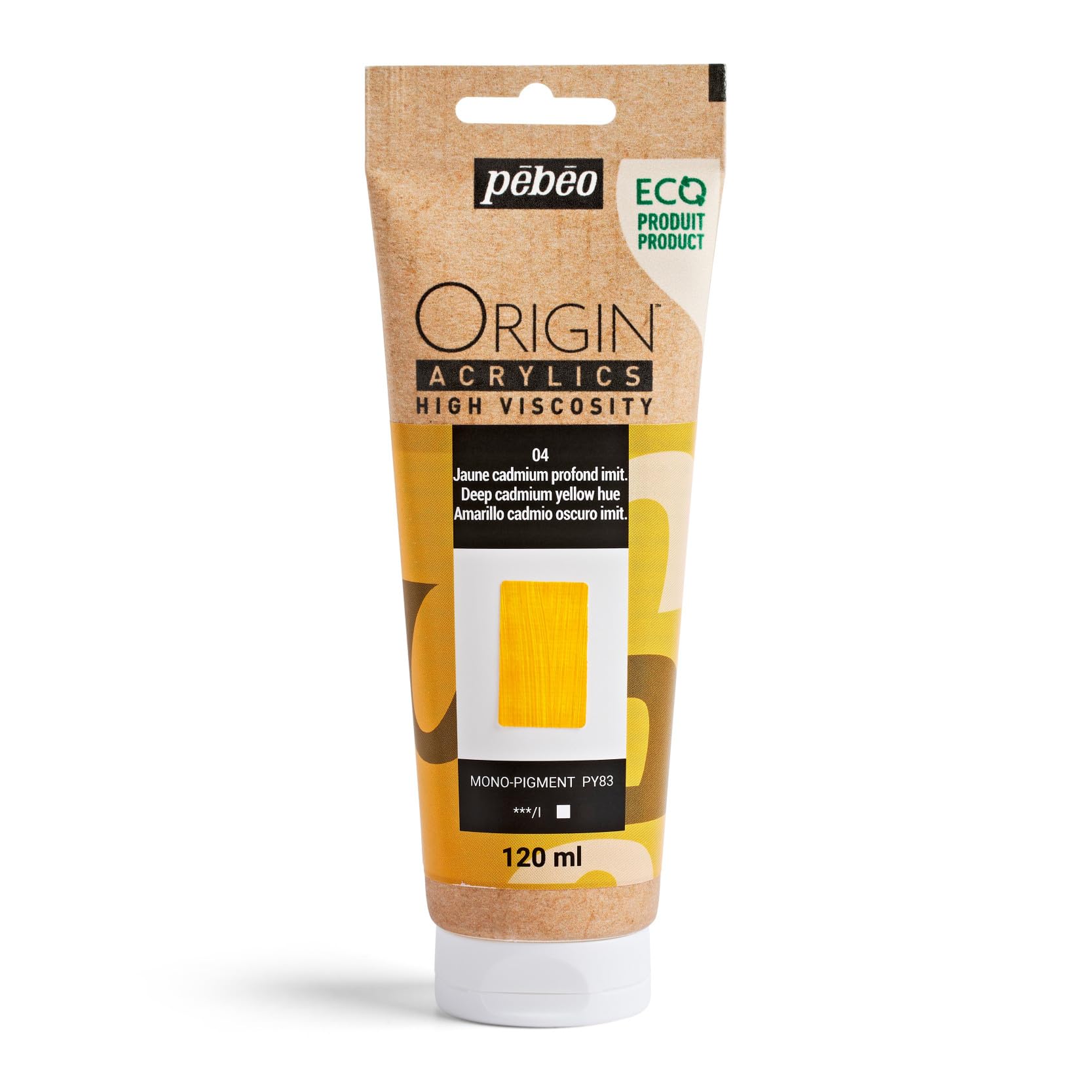 PEBEO - Origin Acrylics 120 ml - Eco-designed Acrylic Paint - High Viscosity - Matt Finish - 100% Recycled Binder - 96% European Raw Materials - Imitation Cadmium Yellow Deep