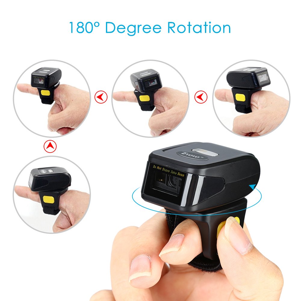 Mini lettore di codici a barre 1D/2D e codici QR, con supporto ad anello indossabile, wireless, compatibile con Windows, Mac OS, Android 4.0+, iOS, per codici QR, PDF417, DataMatrix a video e cartacei
