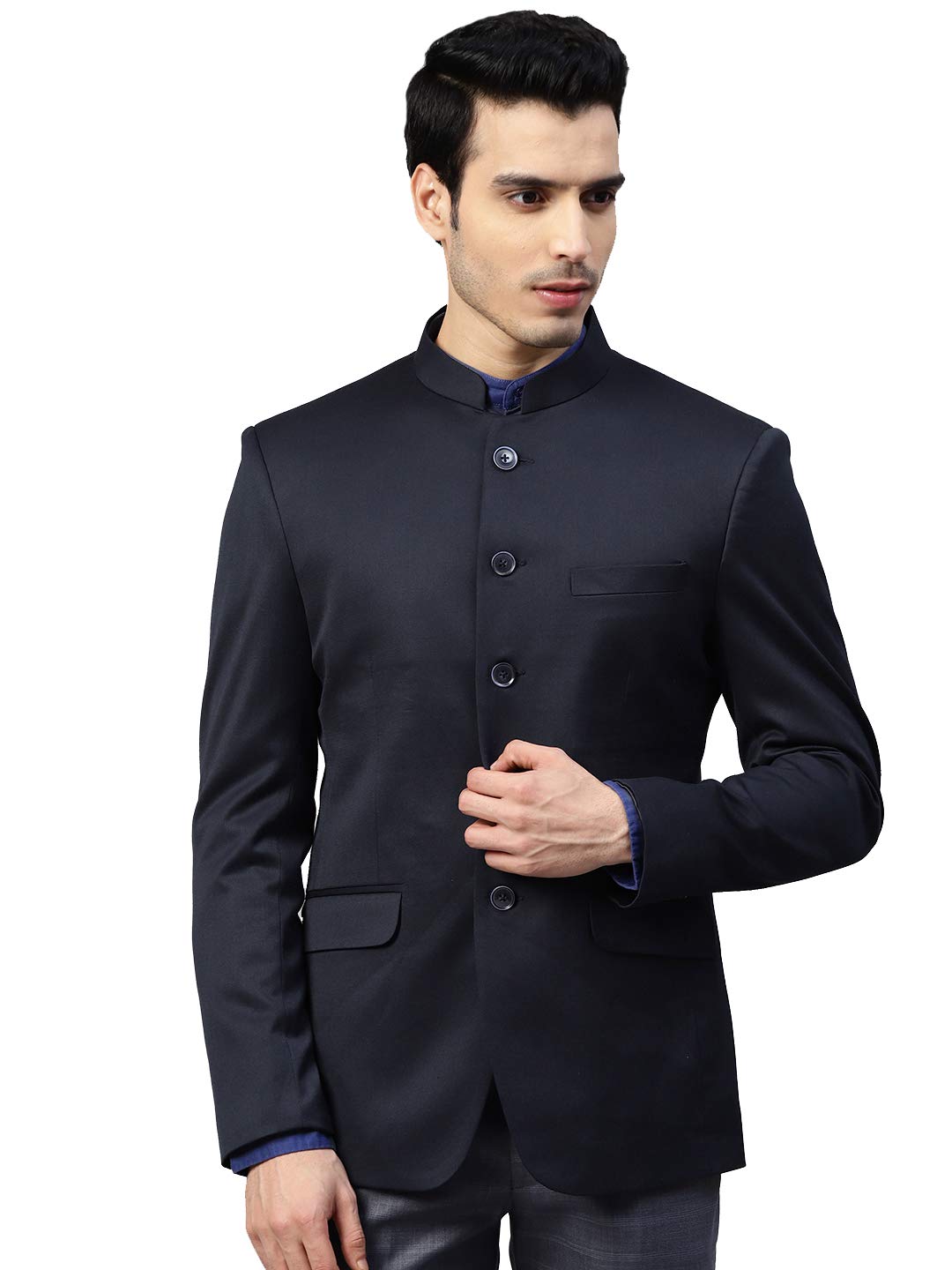 manq Men Navy Blue Solid Slim Fit Bandhgala Blazer-picture-22